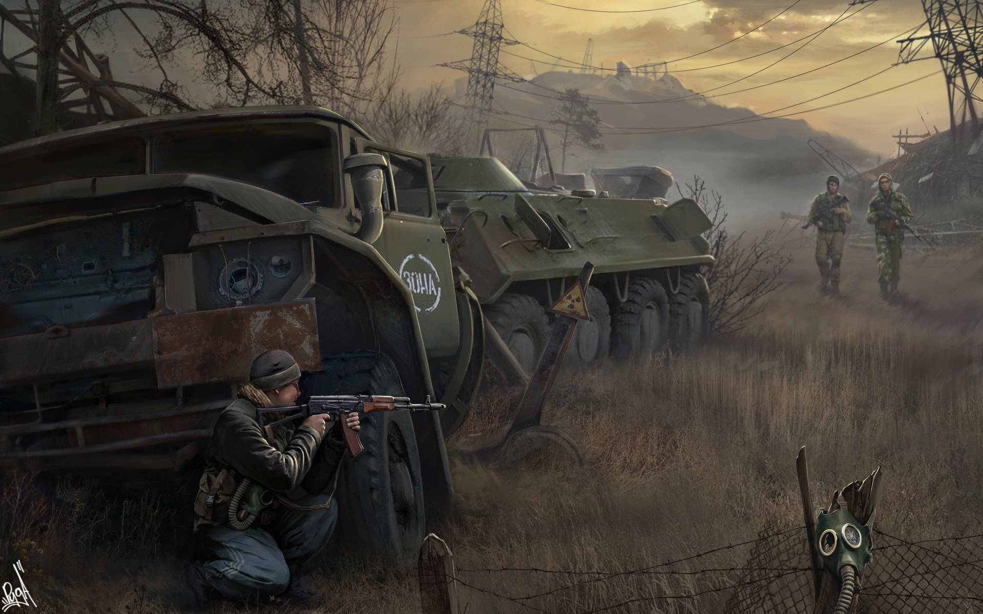 Stalker 桌布 壁紙 — 身穿迷彩服的士兵在朦朧的夕陽天空下，穿過荒蕪的田野，經過生鏽的軍用車輛。