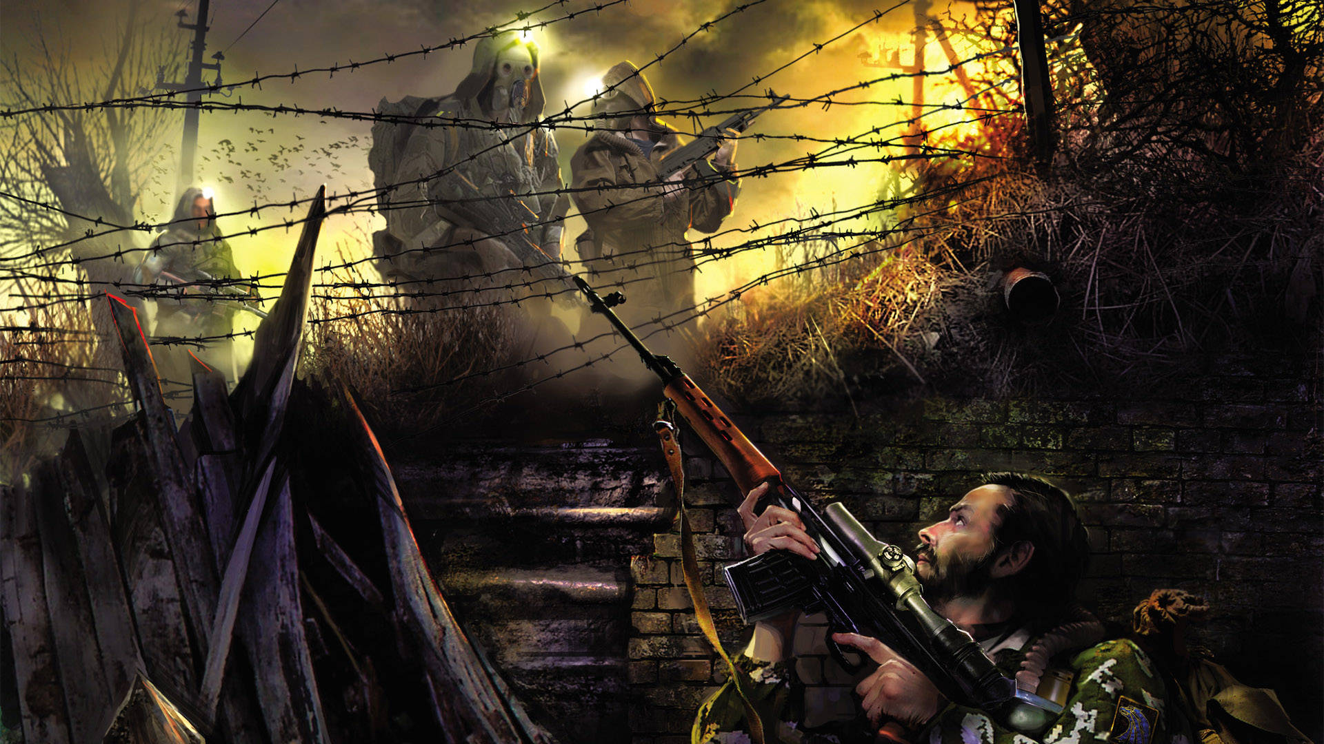 Stalker 桌布 壁紙 — 身穿迷彩服的士兵在火紅橙色的天空下，蹲在鐵絲網後面，進行緊張的夜間戰鬥。