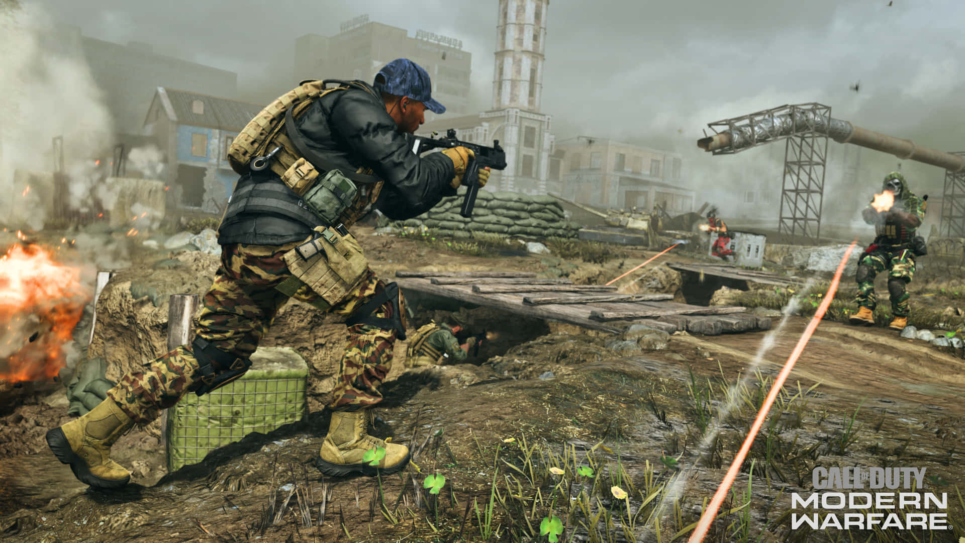 1920x1080 Call Of Duty Modern Warfare 桌布 壁紙 — 身穿迷彩服的士兵在煙霧、火焰和瓦礫中，於戰火摧殘的城市進行激烈的城市戰。