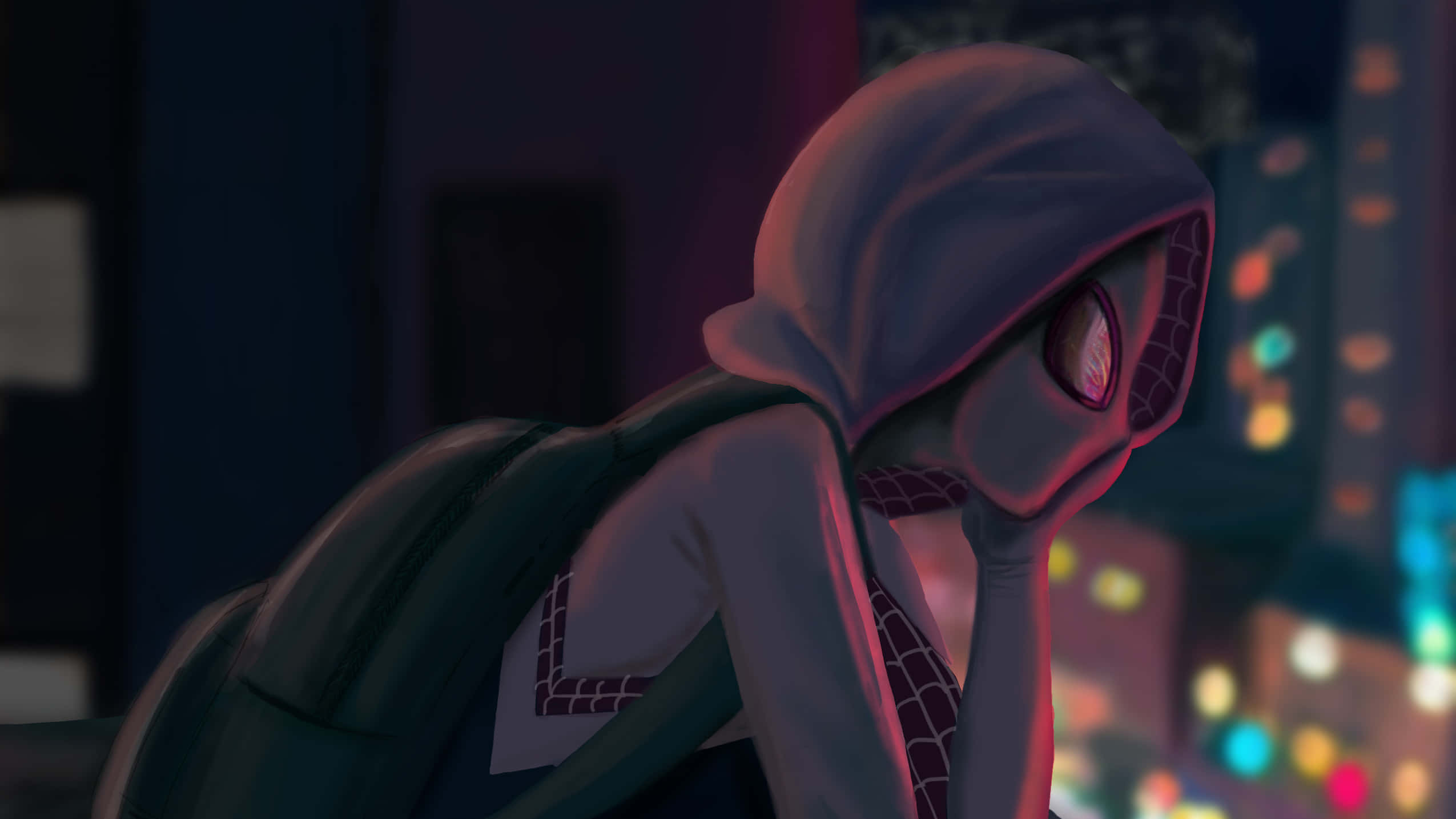 Gwen Stacy 桌布 壁紙 — 身穿連帽衫的蜘蛛關在夜晚沉思地坐在屋頂上，城市燈光在她身後柔和地閃爍。