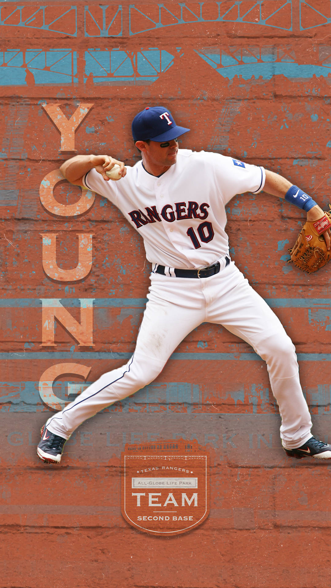 Texas Rangers 桌布 壁紙 — 身穿遊騎兵隊球衣的棒球選手正在投球，背景是風化的磚牆，牆上垂直塗有「YOUNG」字樣。