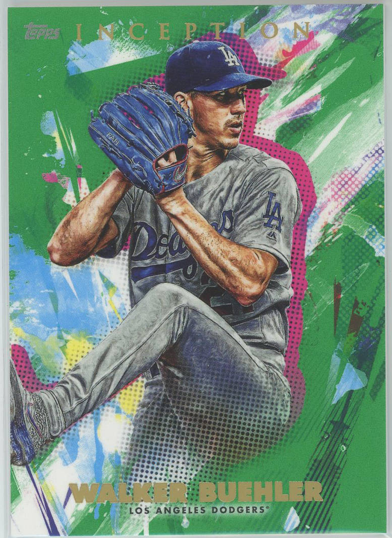 walker buehler 桌布 壁紙 — 身穿道奇隊球衣的棒球投手Walker Buehler在充滿活力的抽象背景（帶有綠色、粉紅色和藍色潑濺）中投球的瞬間。