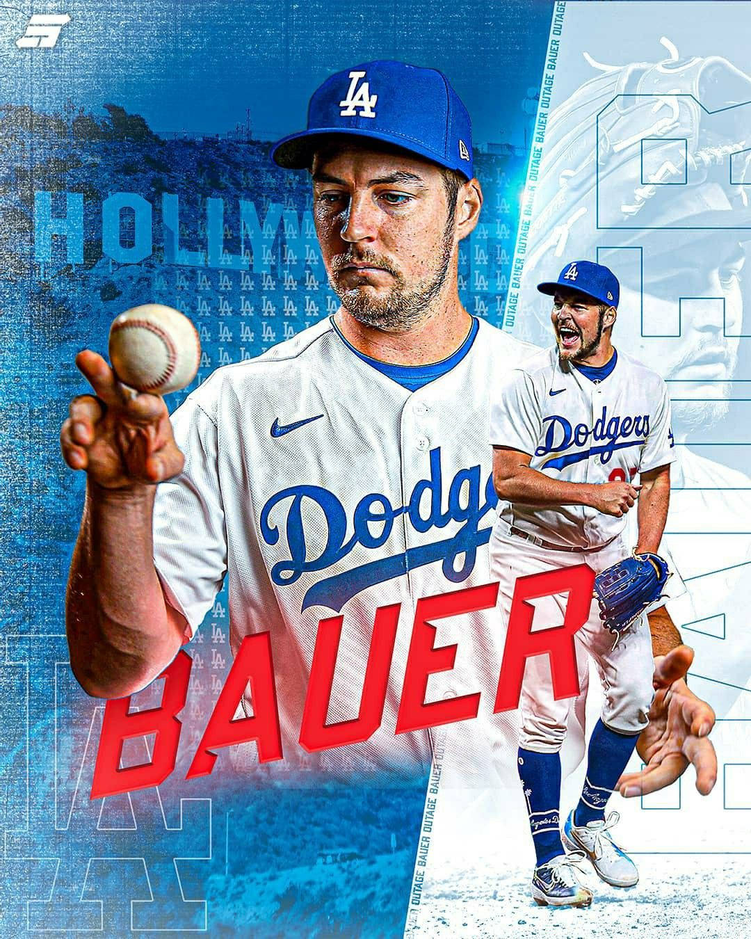Bauer 桌布 壁紙 — 身穿道奇隊球衣的棒球運動員鮑爾，在藍色圖形背景前專注地握著球。