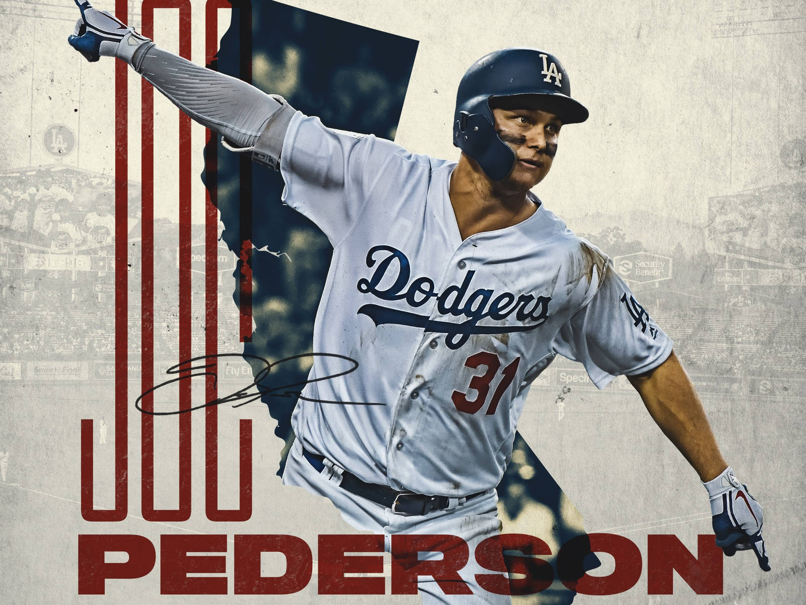 紅色動圖 桌布 壁紙 — 身穿道奇隊球衣的棒球選手 Cody Pederson 在紋理化的體育場背景下高舉球棒慶祝。