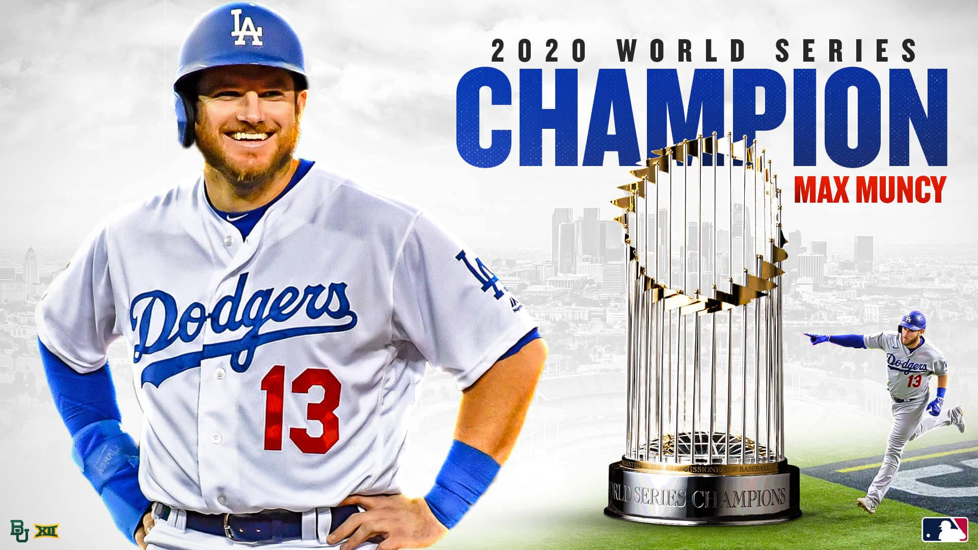 桌布 壁紙 — 身穿道奇隊球衣的棒球選手 Max Muncy 在城市天際線背景下，自豪地微笑站在 2020 年世界大賽獎盃旁。
