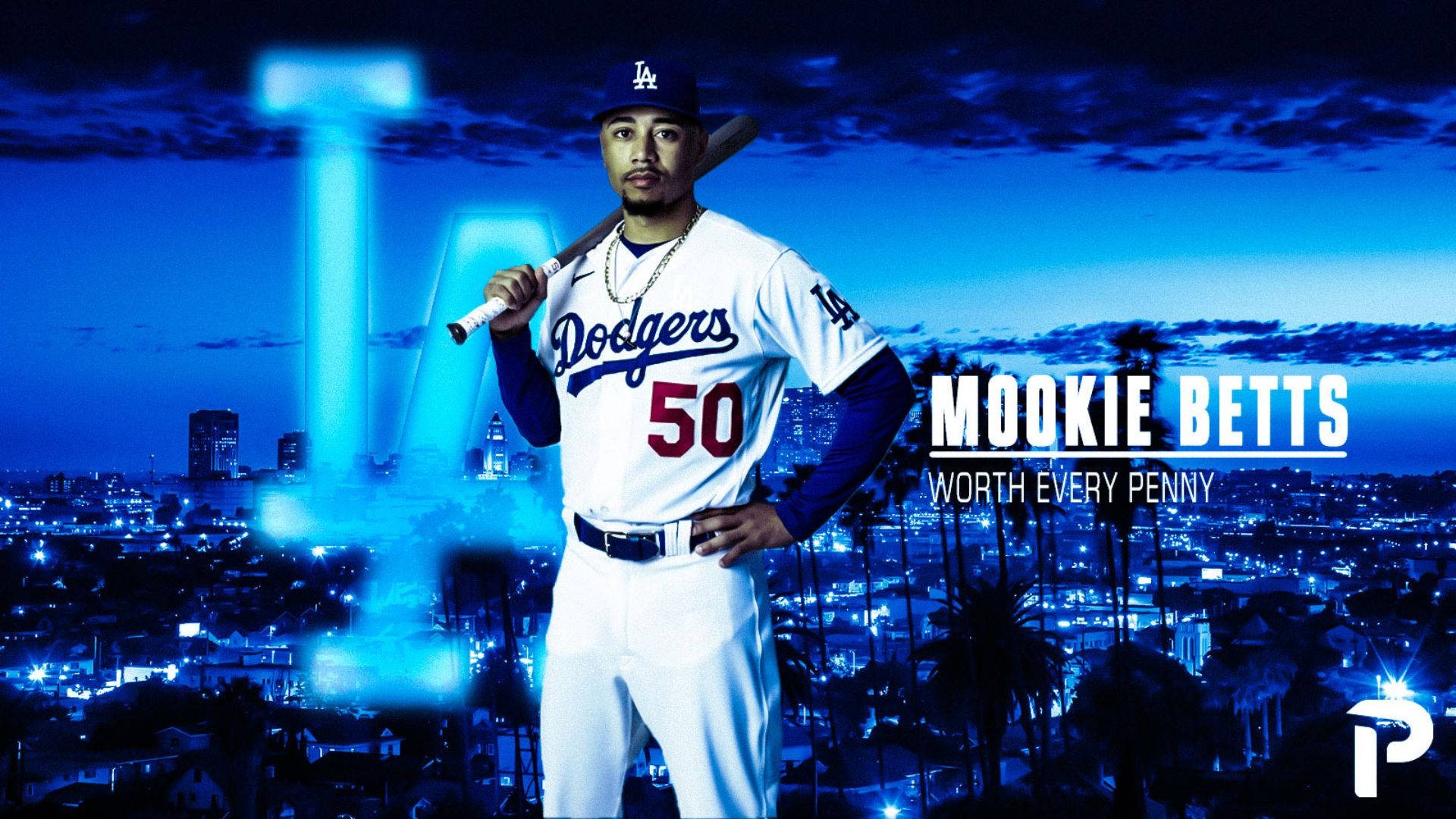 Mookie Betts 桌布 壁紙 — 身穿道奇隊球衣的棒球選手 Mookie Betts 自信地握著球棒，背景是夜晚發光的藍色城市天際線。
