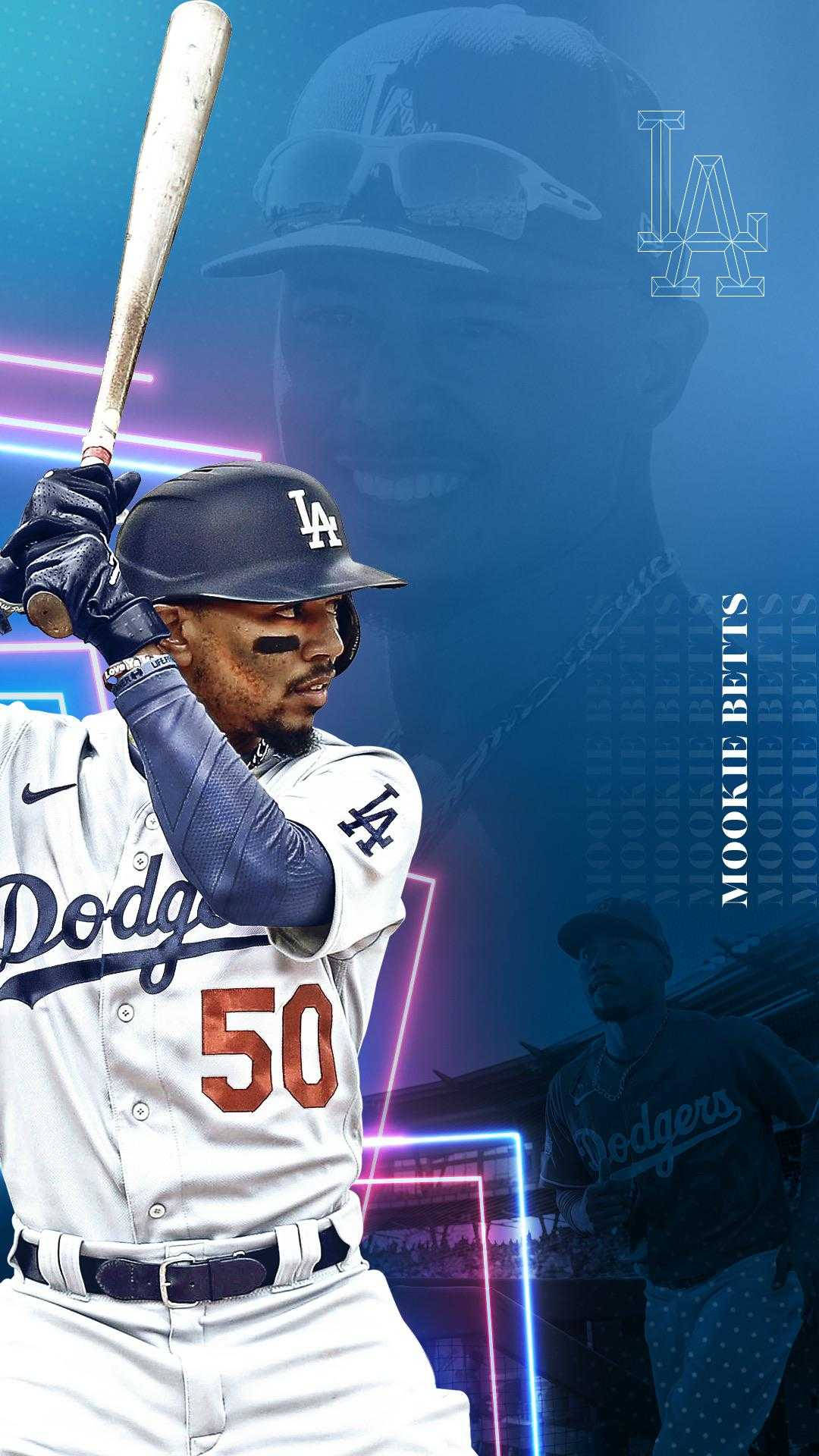 道奇隊 桌布 壁紙 — 身穿道奇隊球衣的棒球選手 Mookie Betts 準備在充滿活力的霓虹藍色背景和發光線條中揮棒。