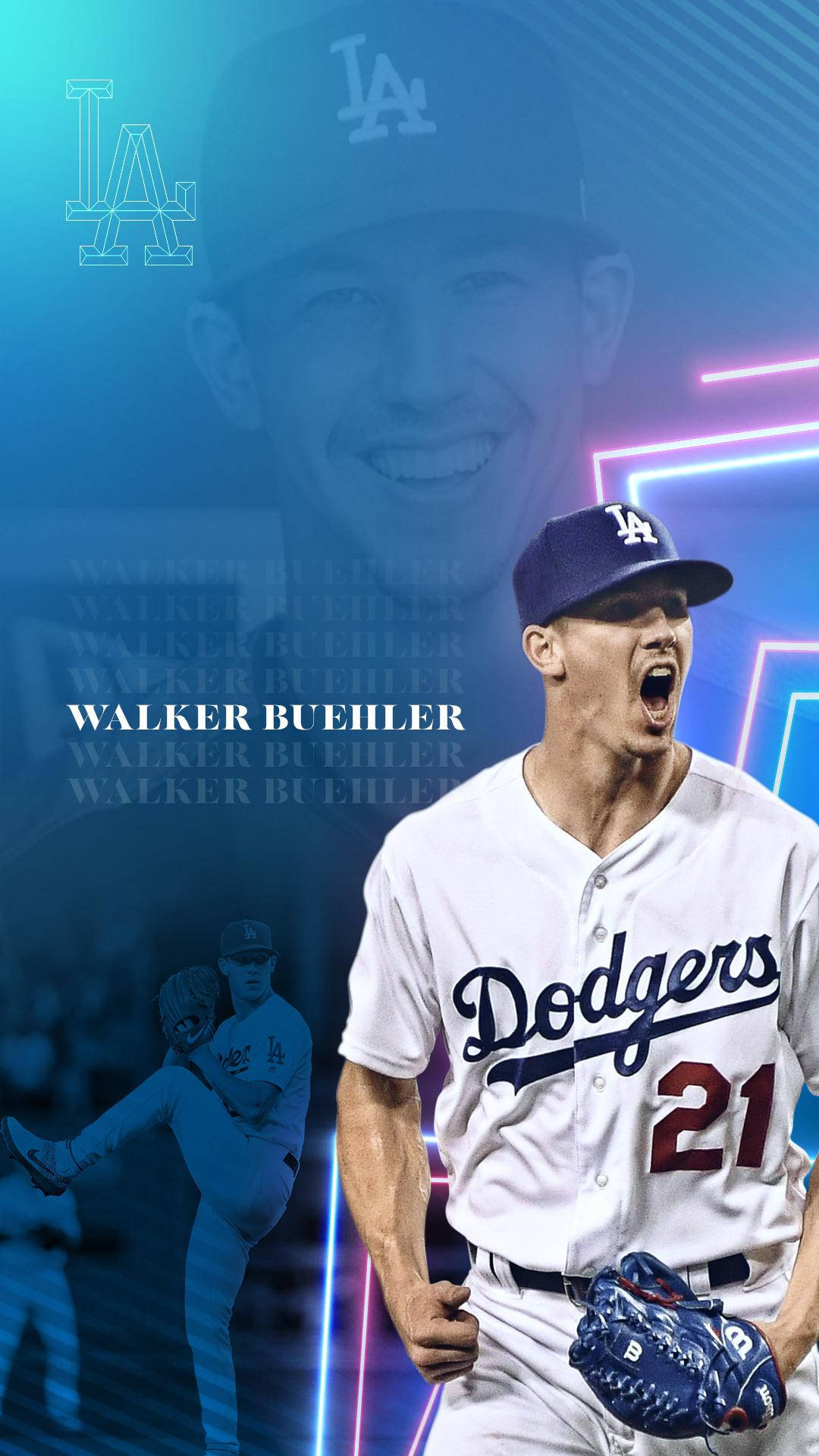 walker buehler 桌布 壁紙 — 身穿道奇隊球衣的棒球選手Walker Buehler在充滿活力的霓虹藍和粉紅色數位背景前發出勝利的咆哮。