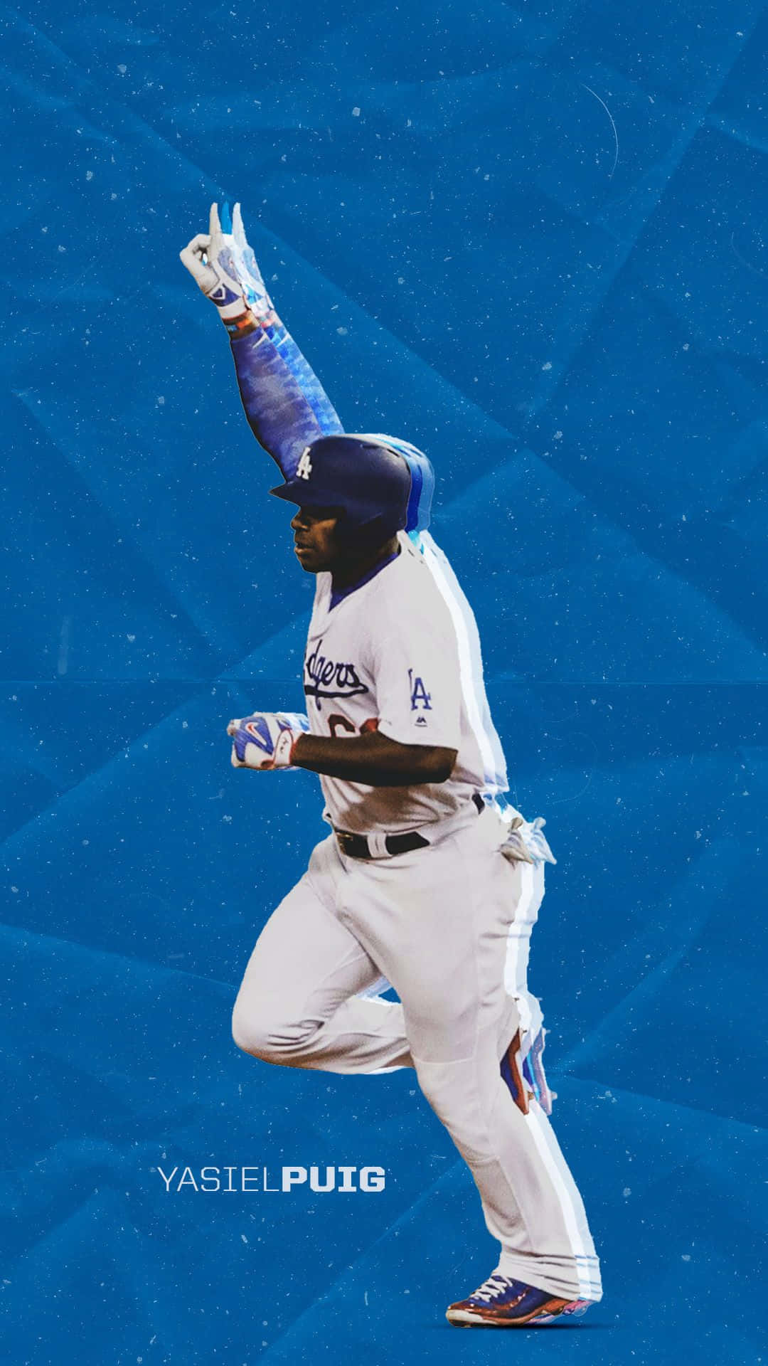 MLB Baseball League 桌布 壁紙 — 身穿道奇隊球衣的棒球選手Yasiel Puig在充滿活力的藍色幾何背景前舉起拳頭慶祝。