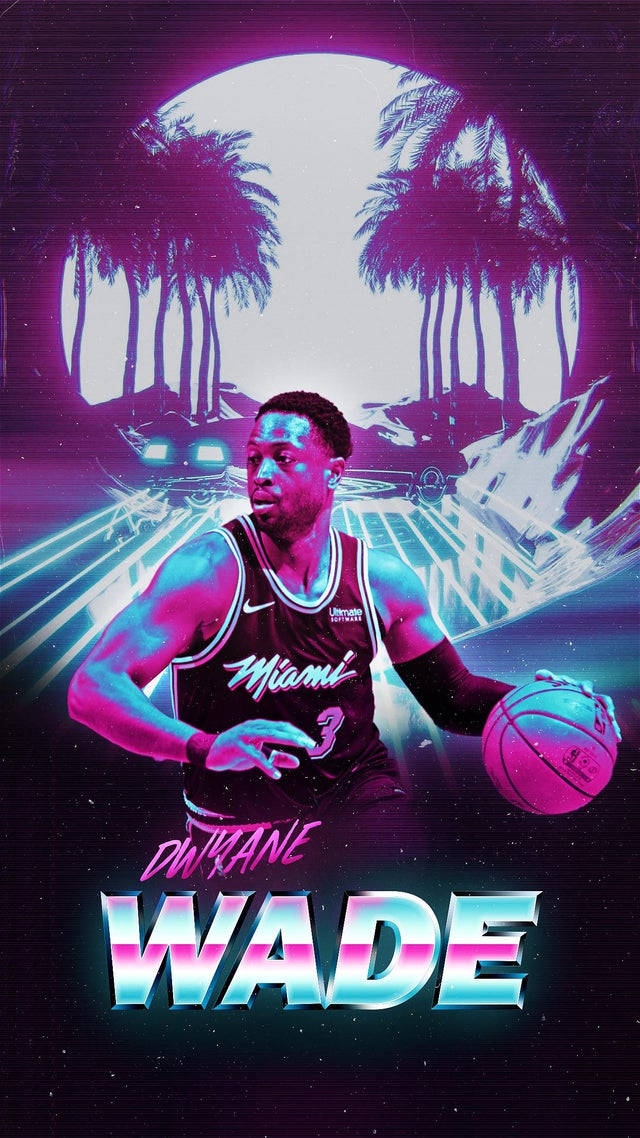 NBA 桌布 壁紙 — 身穿邁阿密球衣的Dwyane Wade在發光的紫色月亮、棕櫚樹和霓虹燈條下運球。