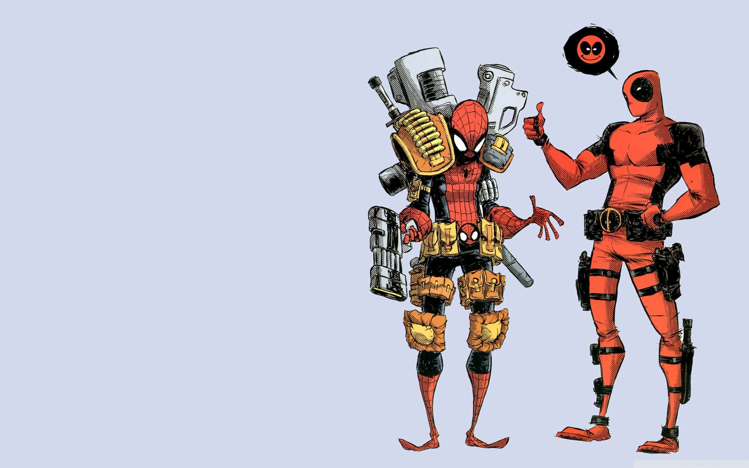 Deadpool Logo 桌布 壁紙 — 身穿重型機械裝甲的蜘蛛人站在死侍旁邊，死侍在純淺藍色背景上豎起大拇指。
