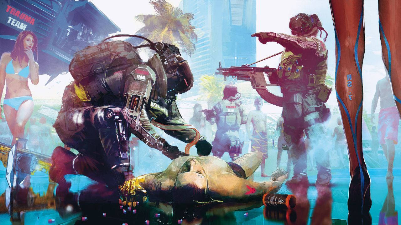 電馭叛客2077 桌布 壁紙 — 身穿重甲的 Cyberpunk 士兵在霓虹燈閃爍的熱帶城市景觀中照料受傷的戰友。