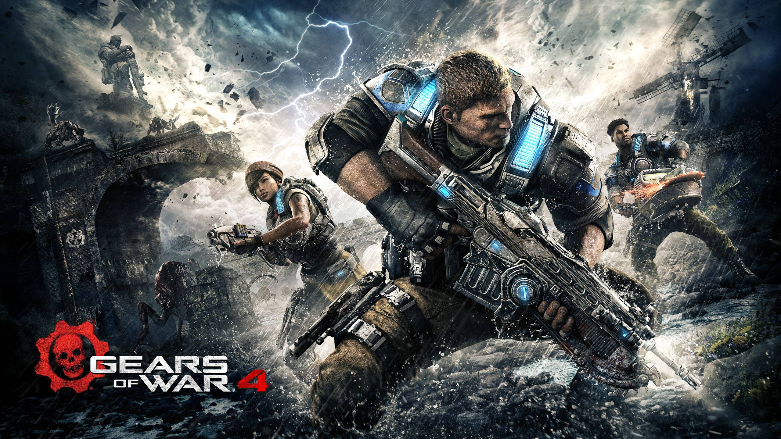 Xbox 桌布 壁紙 — 身穿重甲的士兵在暴風雨中的廢墟中戰鬥，閃電在頭頂劈啪作響，水花在他們的靴子周圍飛濺。