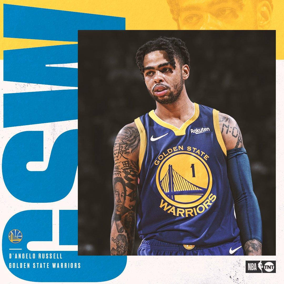 NBA 桌布 壁紙 — 身穿金州勇士隊球衣的D'Angelo Russell，手臂上刺青清晰可見，在搶眼的藍黃色圖形背景前凝視著。