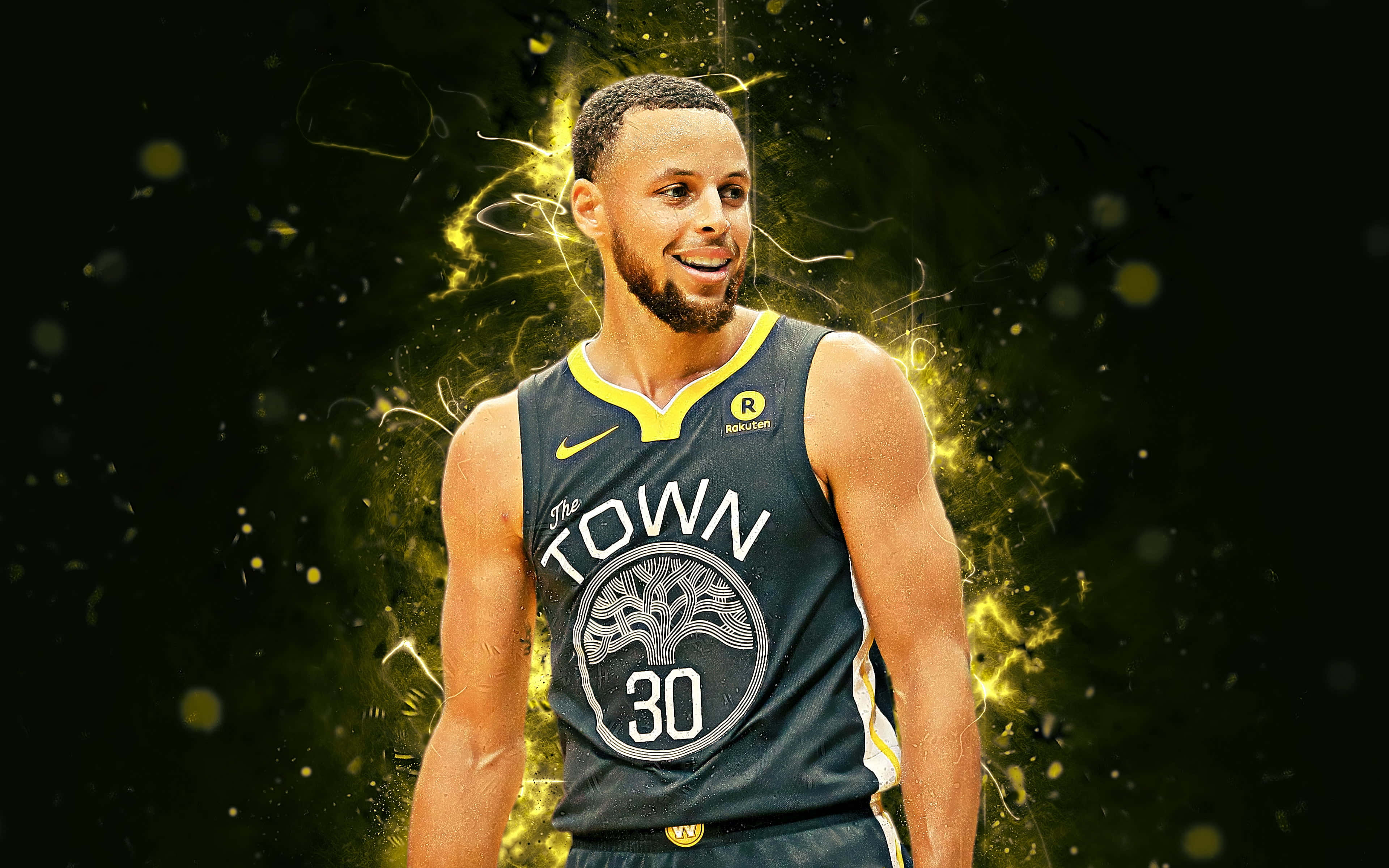 NBA 桌布 壁紙 — 身穿金州勇士隊球衣的籃球運動員史蒂芬柯瑞在黑暗背景下散發出金色能量。