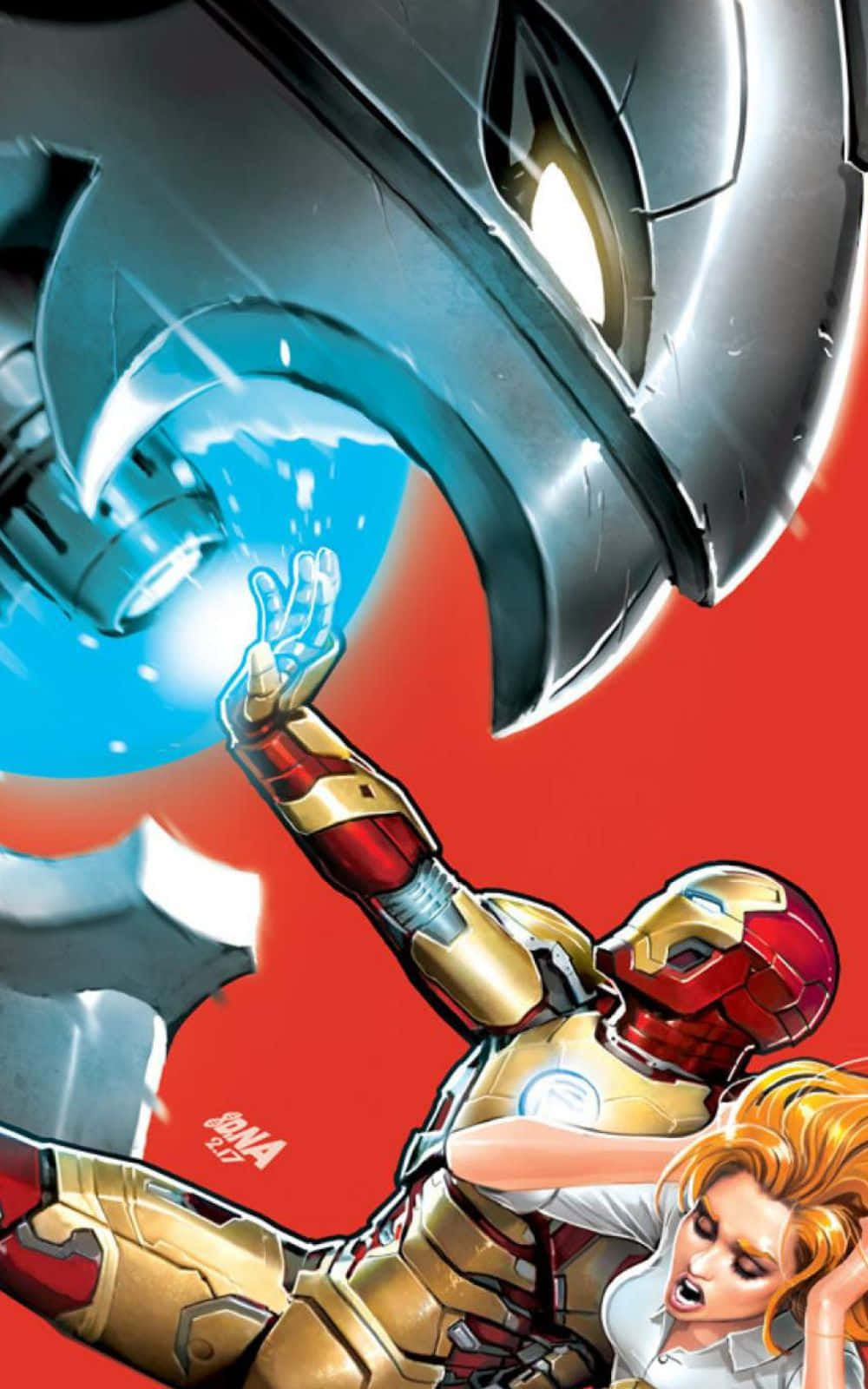 Iron Man Vs Ultron 桌布 壁紙 — 身穿金色和紅色裝甲的鋼鐵人，在鮮紅色背景上一個巨大的金屬頭盔懸掛在頭頂之際，伸手朝向一個發光的藍色能量球。
