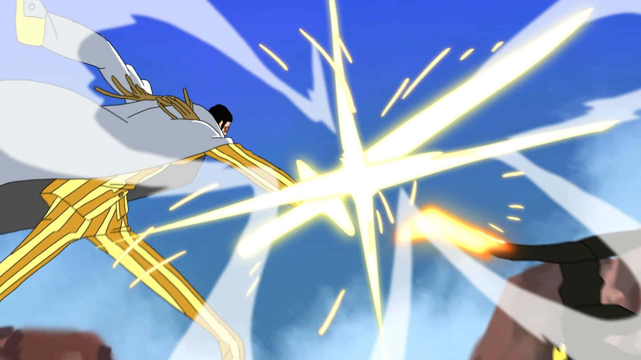 Kizaru 桌布 壁紙 — 身穿金色盔甲的動漫角色與另一角色在藍天下激烈戰鬥，發出明亮的能量光束。