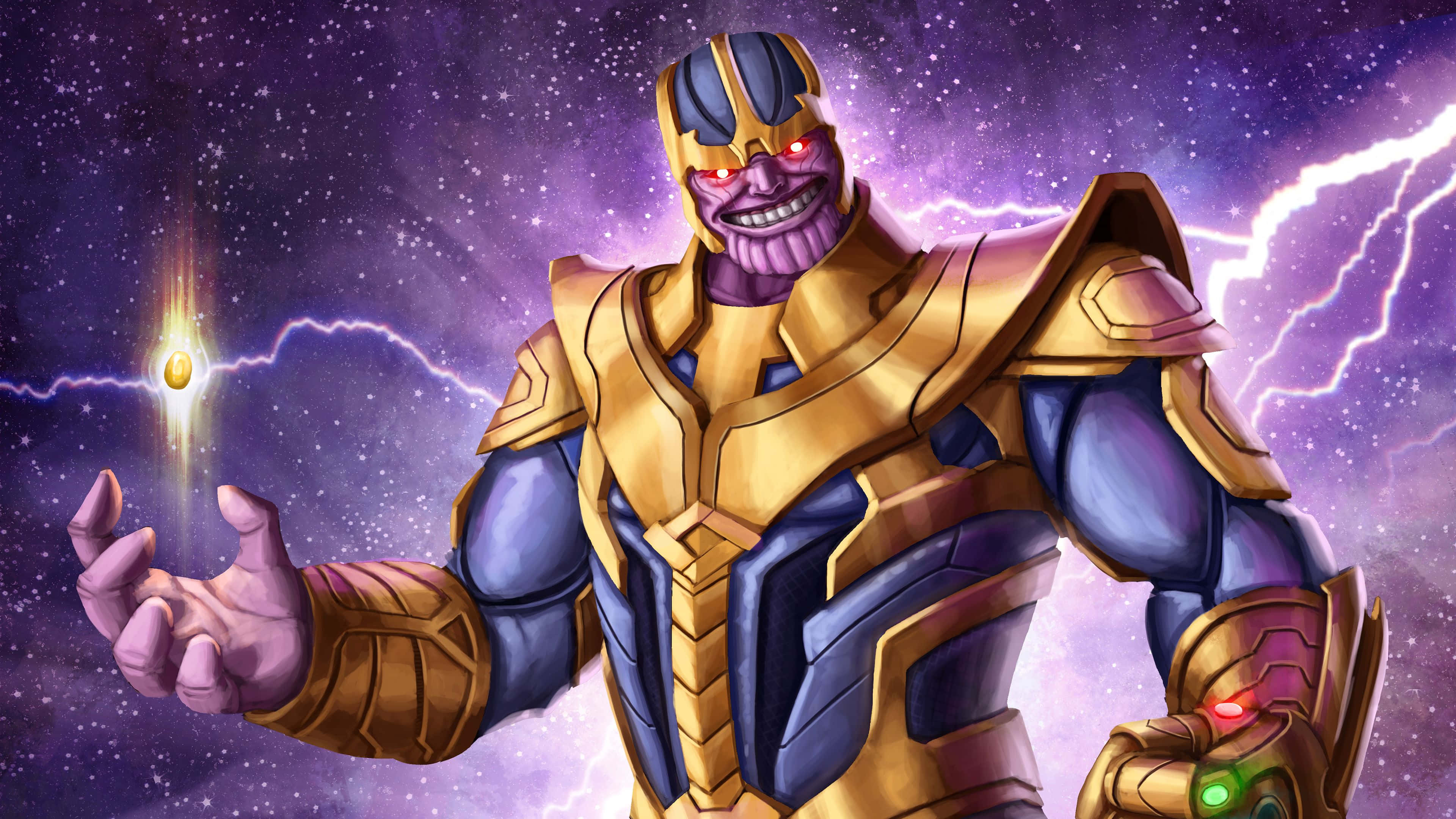 Thanos 桌布 壁紙 — 身穿金色盔甲的薩諾斯在帶有閃電的宇宙風暴紫色星空中手持發光球體。