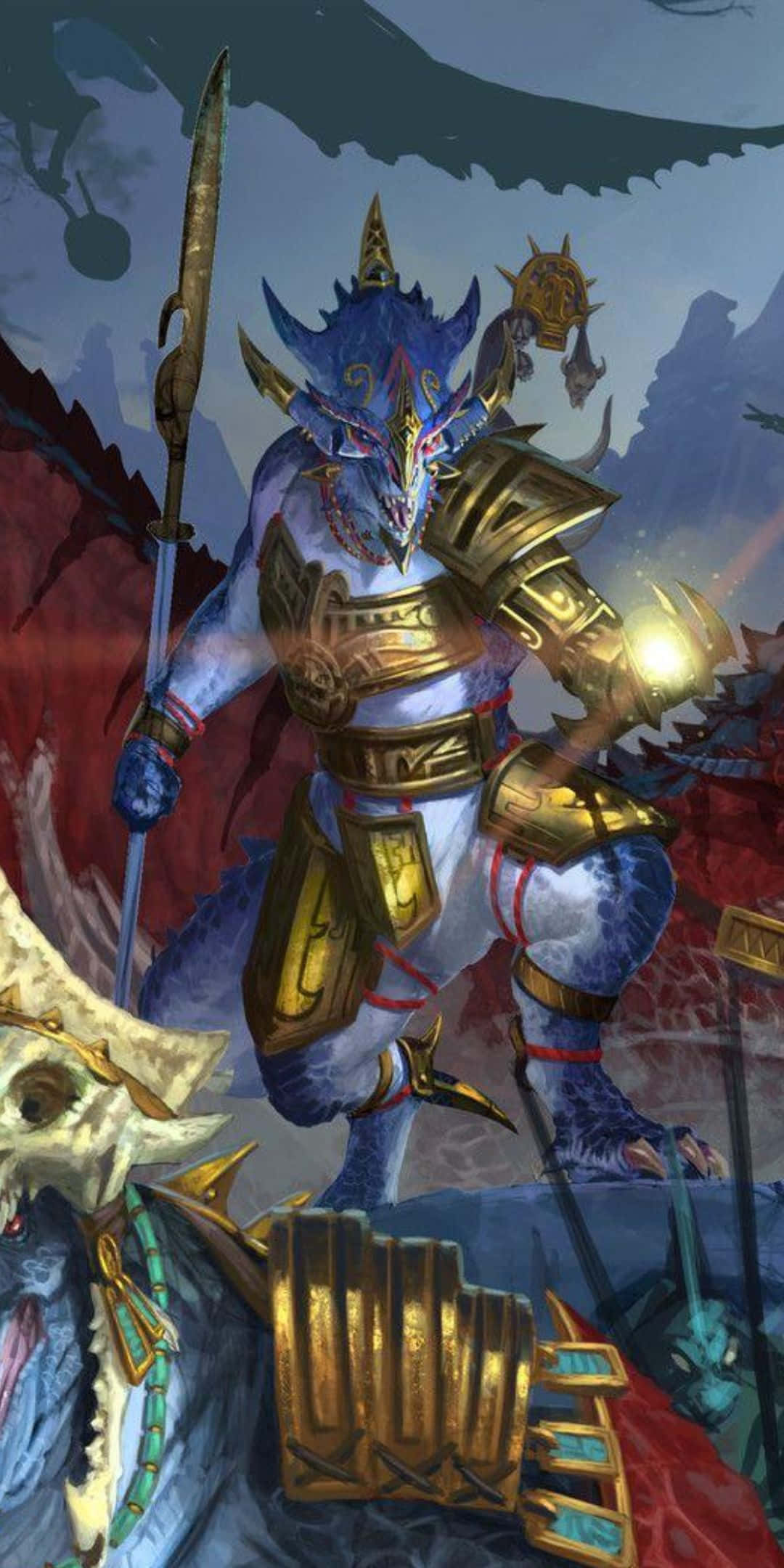電玩遊戲 桌布 壁紙 — 身穿金色盔甲的藍色鱗片龍騎士在佈滿頭骨和破碎武器的火熱戰場上揮舞著發光的劍。