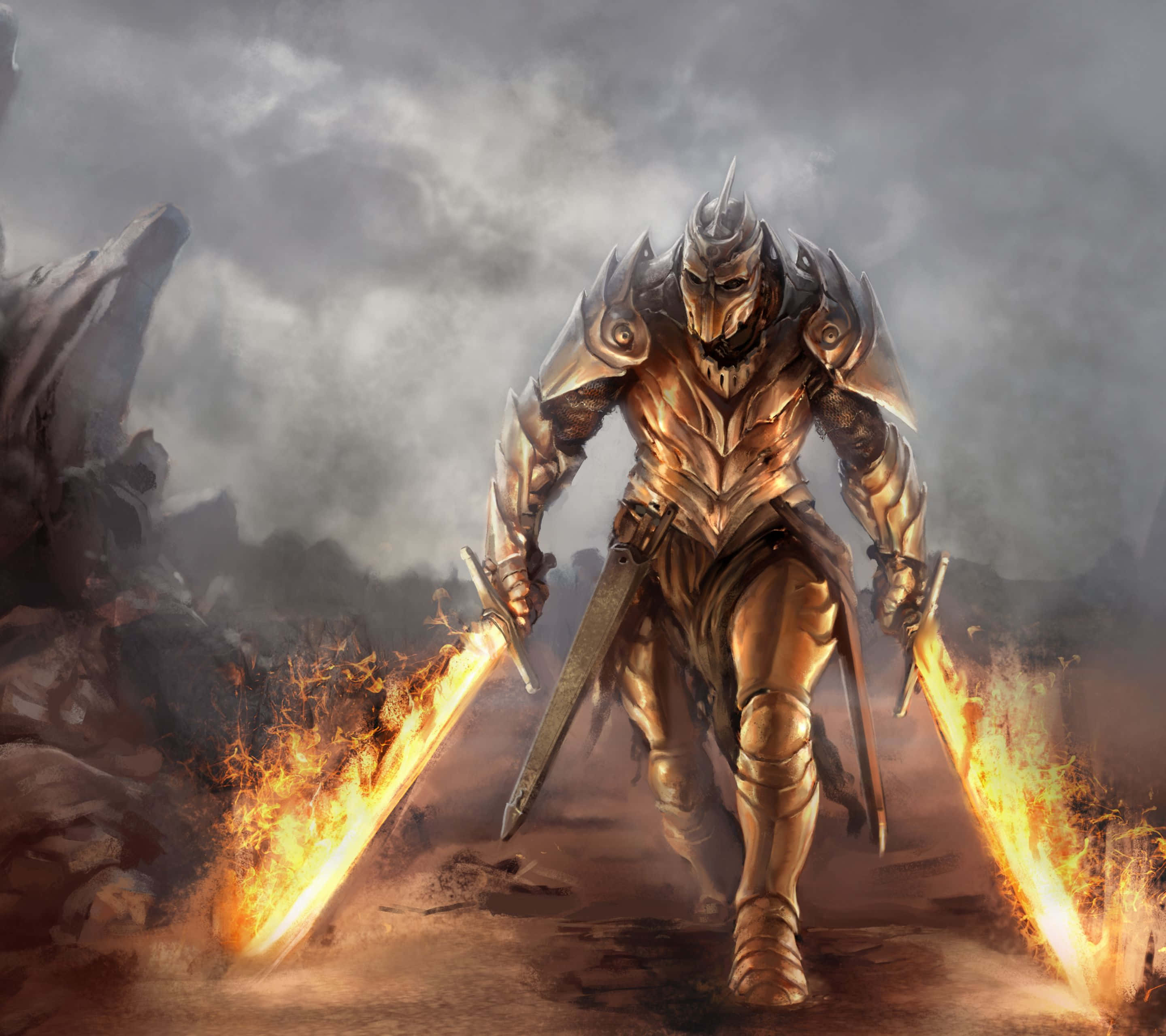 Warrior 桌布 壁紙 — 身穿金色盔甲的騎士在煙霧和瓦礫的暴風戰場上揮舞著火焰劍。