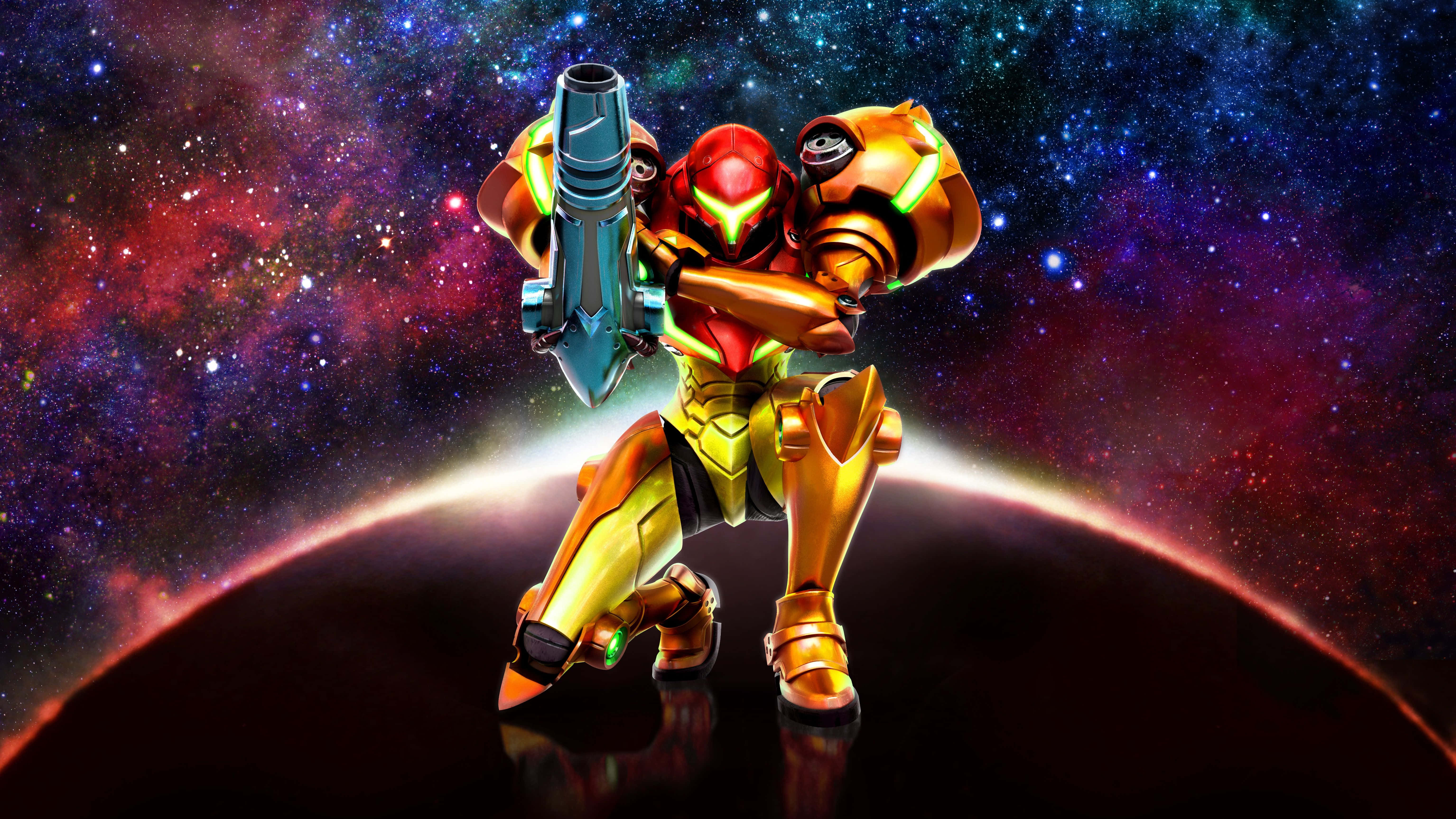 遊戲 桌布 壁紙 — 身穿金色裝甲的薩姆斯·亞蘭，在充滿星星和星雲的鮮豔宇宙背景下，手持武器蓄勢待發。