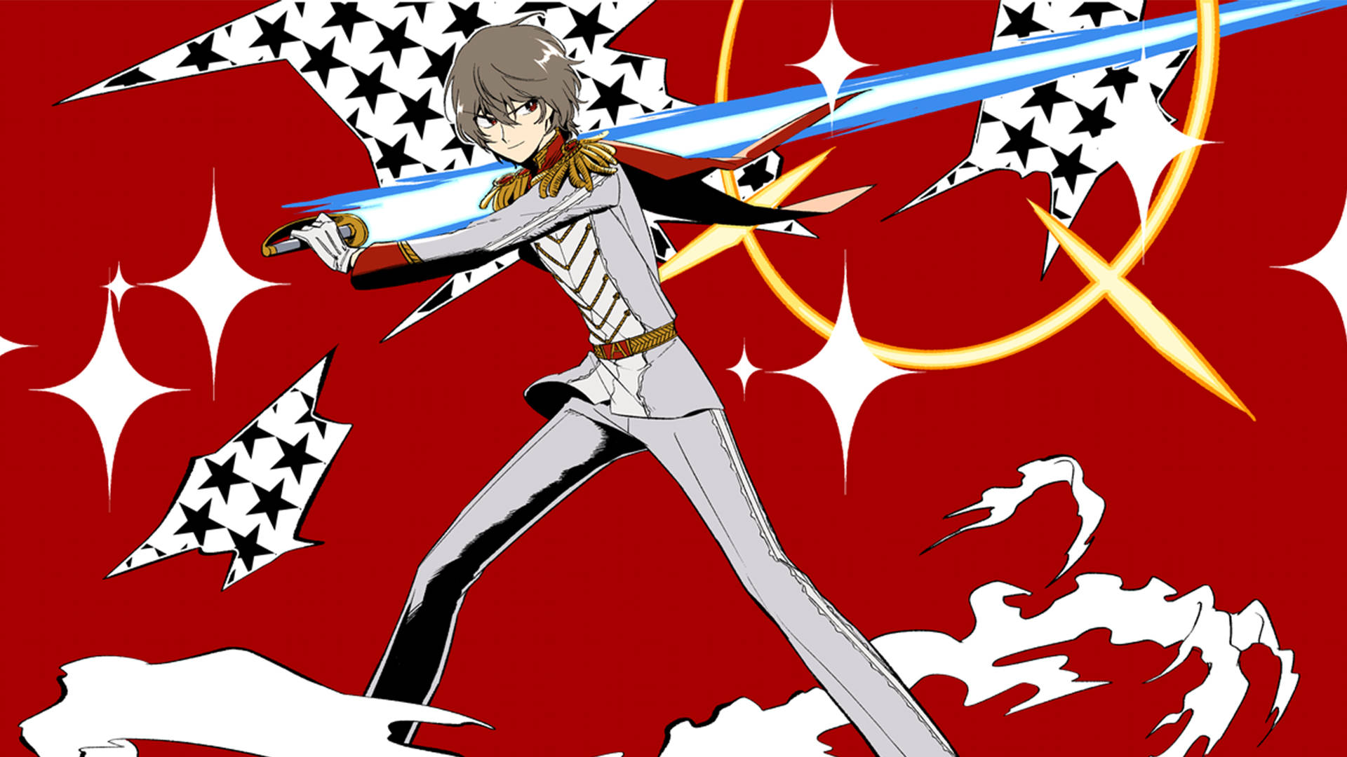 persona 5 4K 桌布 壁紙 — 身穿銀色制服的動漫角色在帶有星爆和動態能量效果的醒目紅色背景上揮舞著發光的劍。