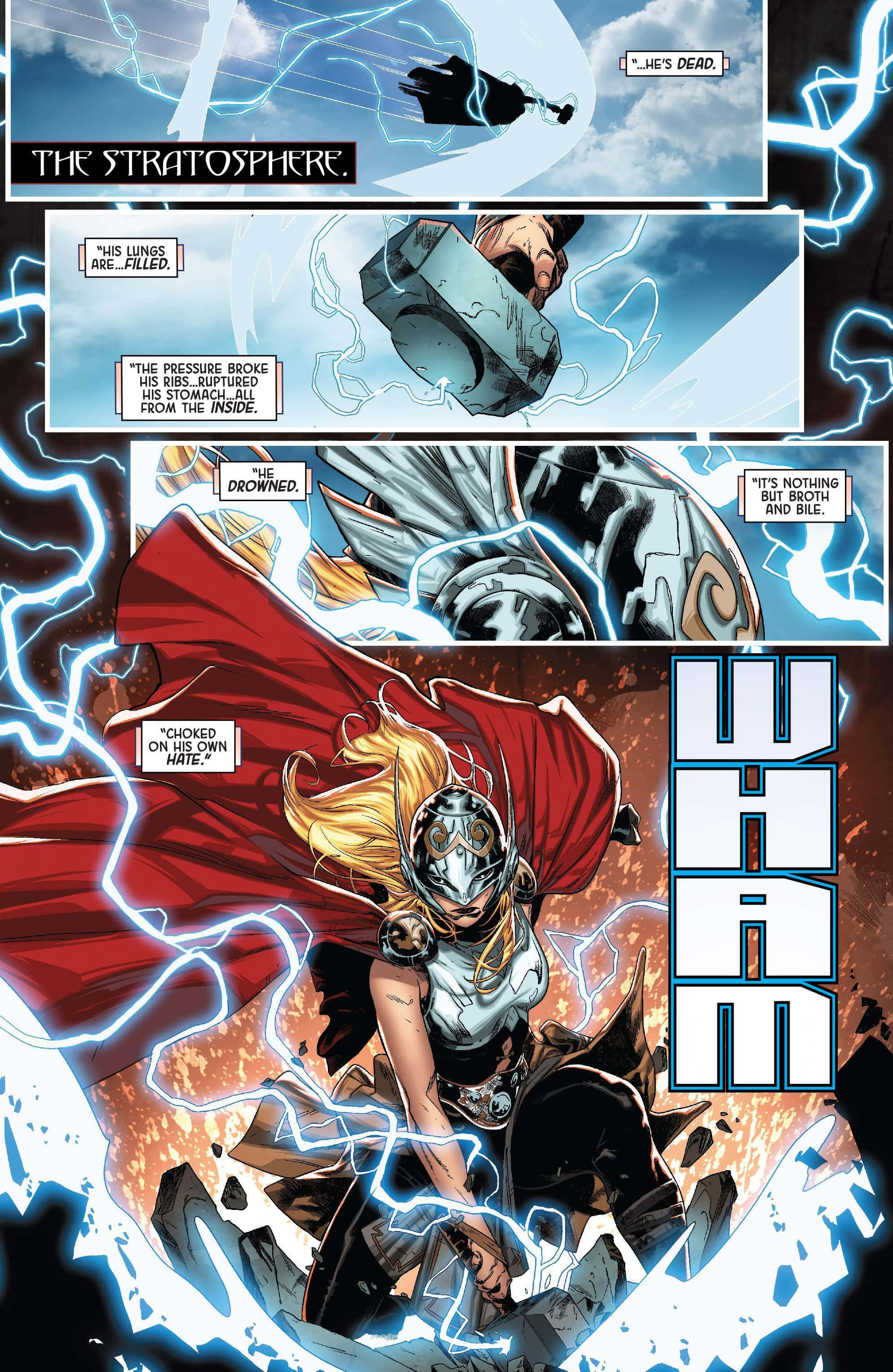 Jane Foster 桌布 壁紙 — 身穿銀色盔甲和紅色斗篷的女戰士索爾，身處漫畫面板中，周圍是閃電和破碎的碎片。