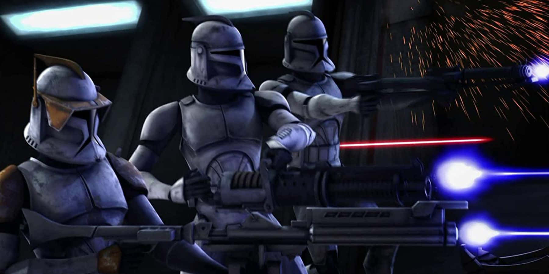 The Clone Army 桌布 壁紙 — 身穿銀色盔甲的克隆人突擊兵在昏暗的未來走廊中發射爆能槍，伴隨著火花和發光的燈光。