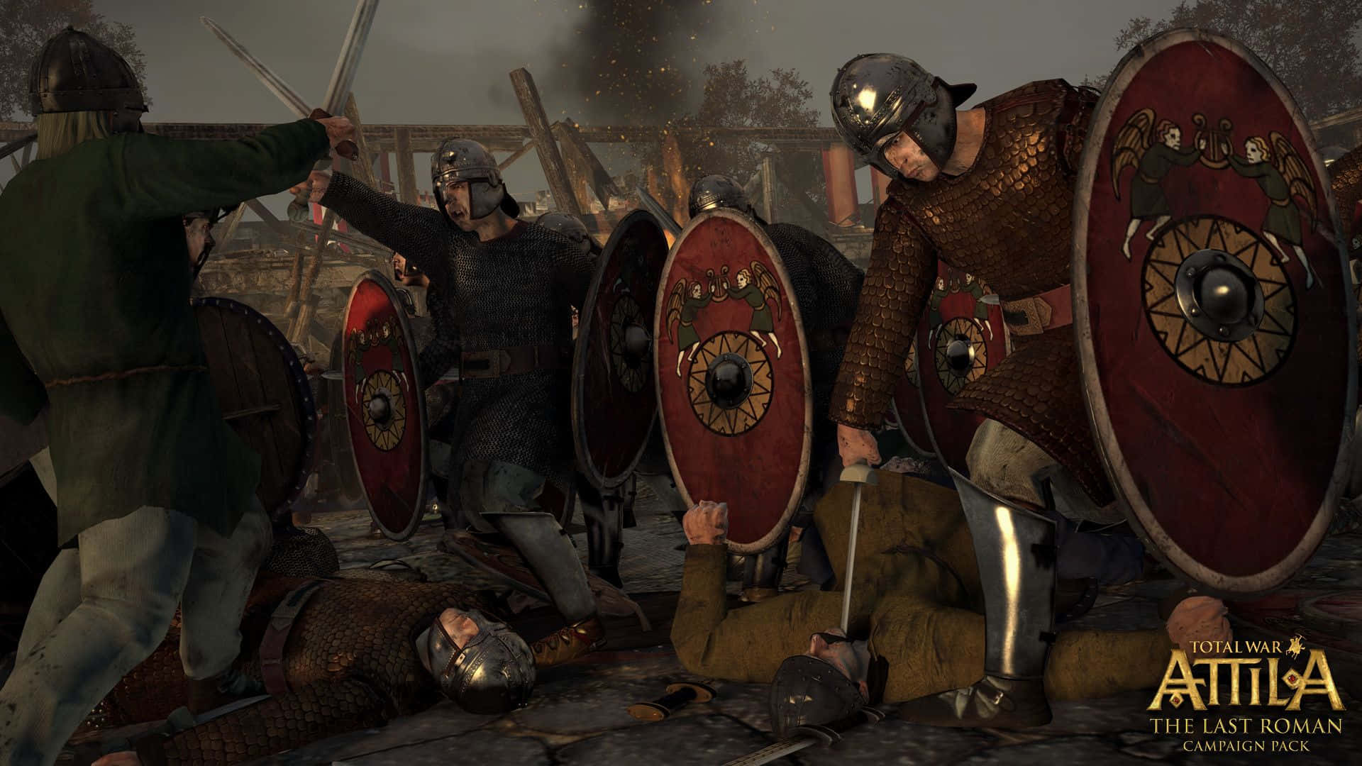HD Total War Attila 桌布 壁紙 — 身穿鎖子甲和紅色盾牌的羅馬士兵在一個充滿倒下的戰友和升騰煙霧的嚴酷戰場上衝突。