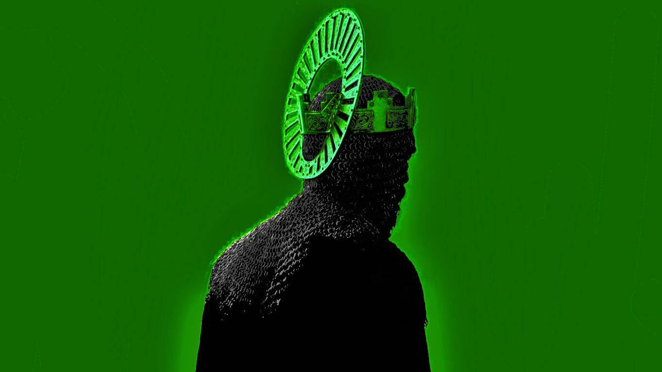 The Green Knight 桌布 壁紙 — 身穿鎖子甲的騎士剪影，帶有發光綠色光環和王冠，背景為純綠色。