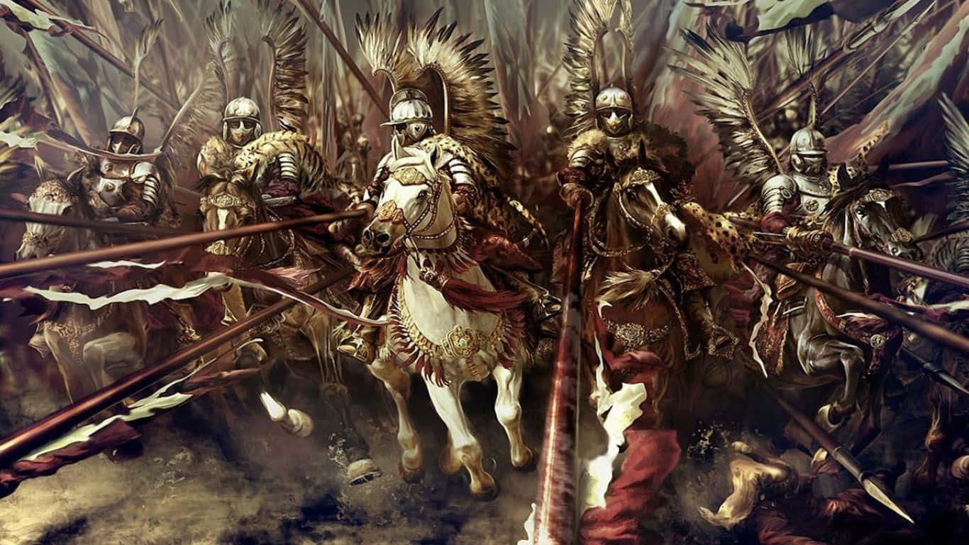 1366x768 Total War Warhammer Ii 桌布 壁紙 — 身穿鎧甲的騎士騎著華麗的戰馬，手持長矛和羽毛，在混亂的中世紀戰場上衝鋒。