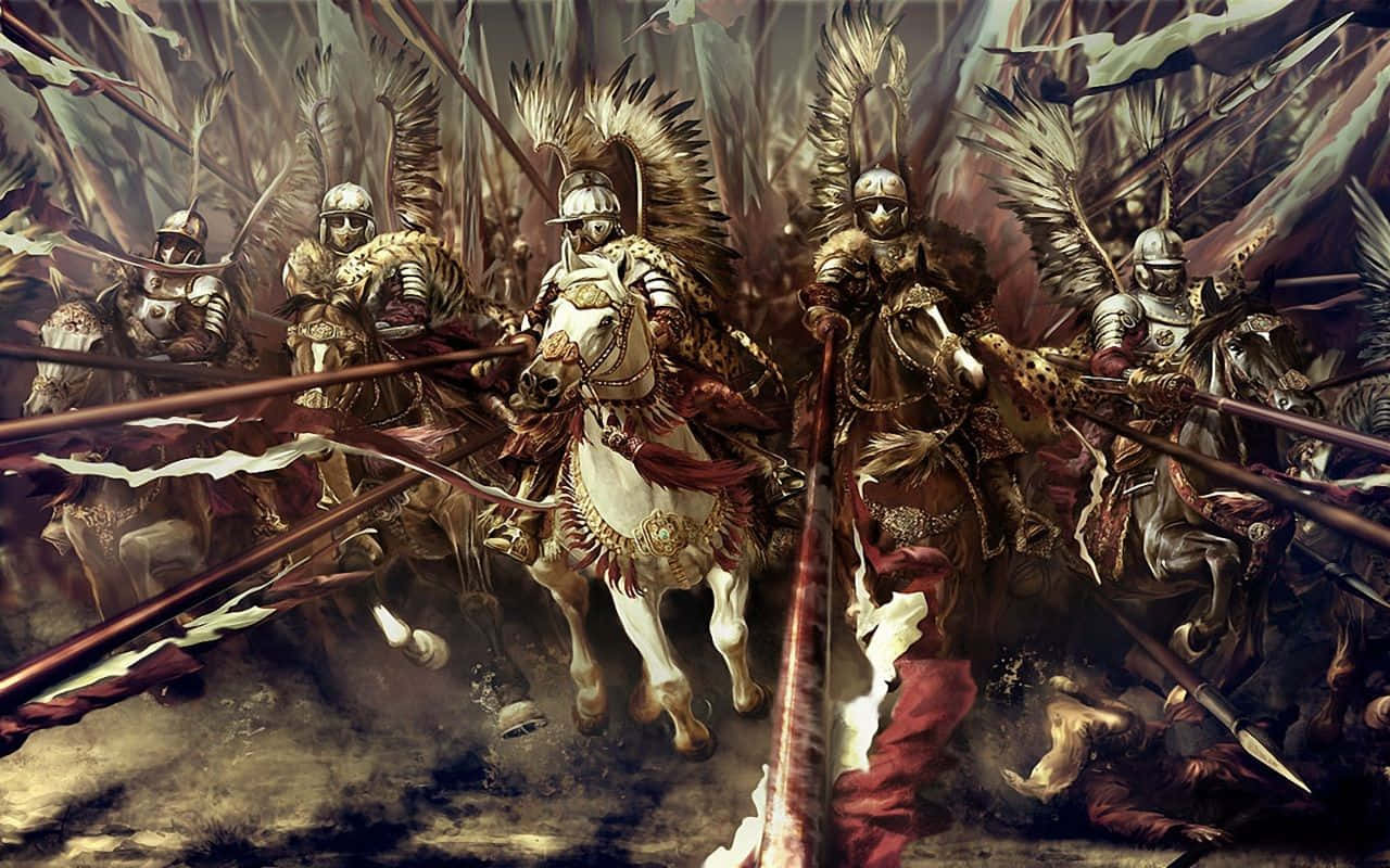 Total War Warhammer 2 桌布 壁紙 — 身穿鎧甲的騎士騎馬在混亂的中世紀戰鬥中交鋒，長矛和旗幟飛揚。