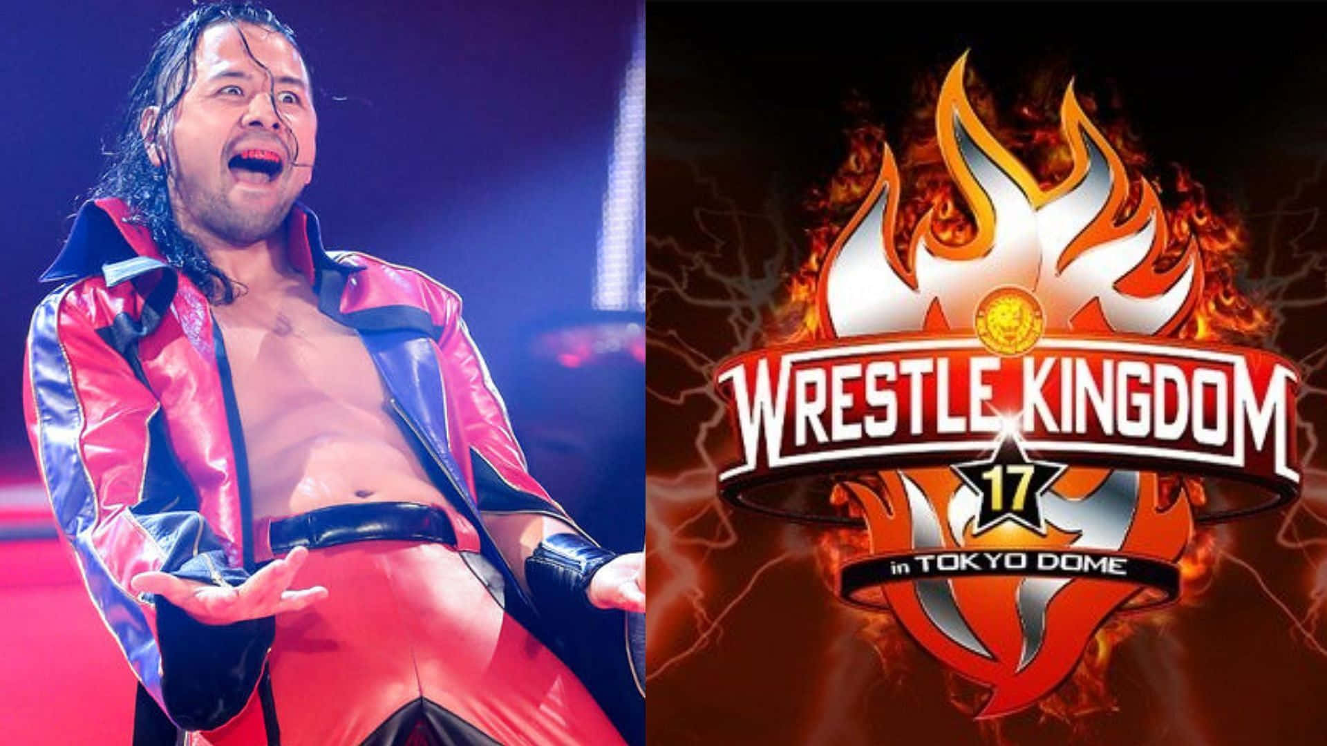 摔角 桌布 壁紙 — 身穿閃亮紅藍服裝的摔角手在Wrestle Kingdom 17東京巨蛋標誌旁熱情表演，背景有熊熊火焰。