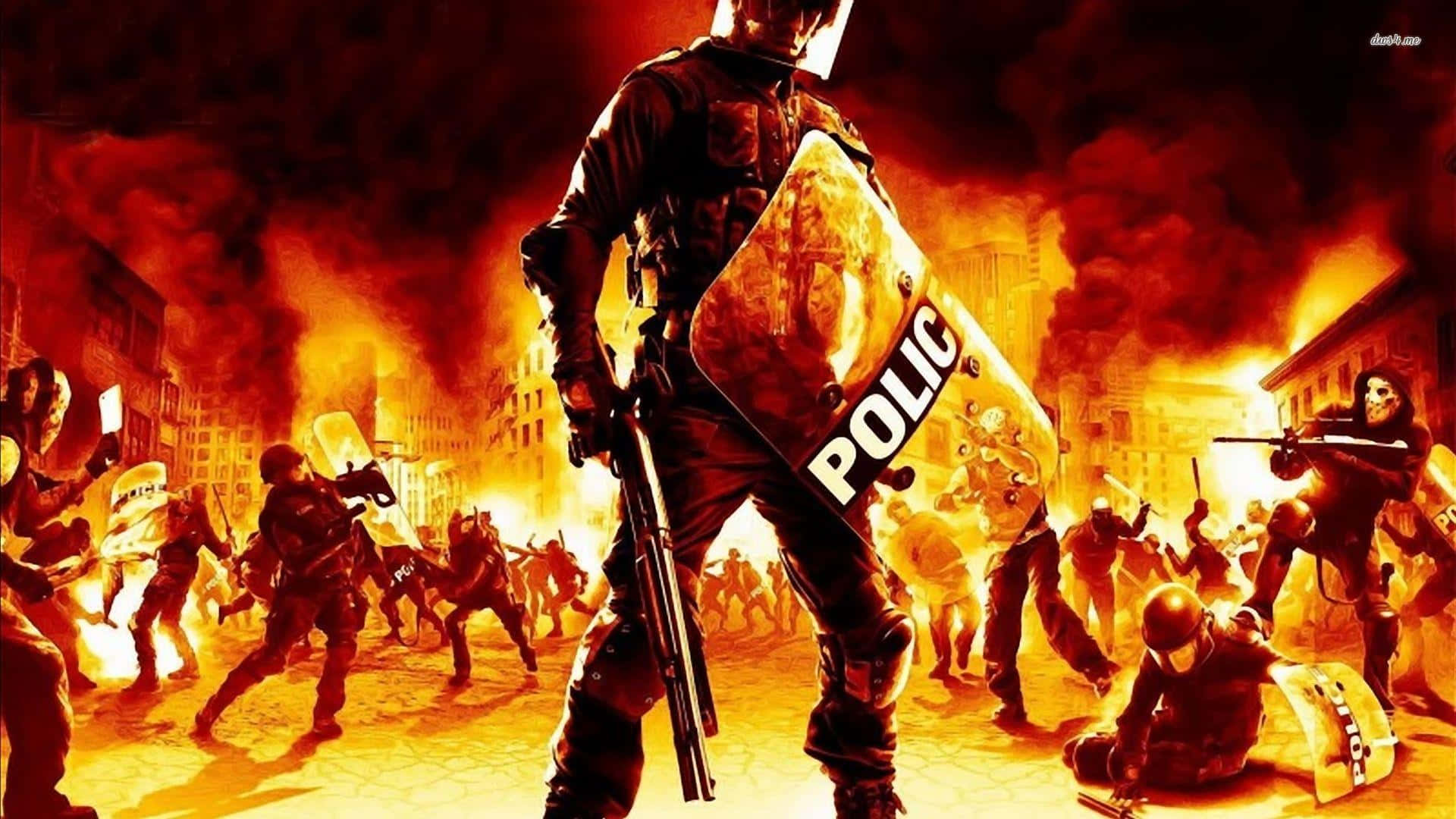 Chaos 桌布 壁紙 — 身穿防暴裝備的警察在煙霧瀰漫的天空下，於烈火燃燒的城市混亂中與抗議者衝突。