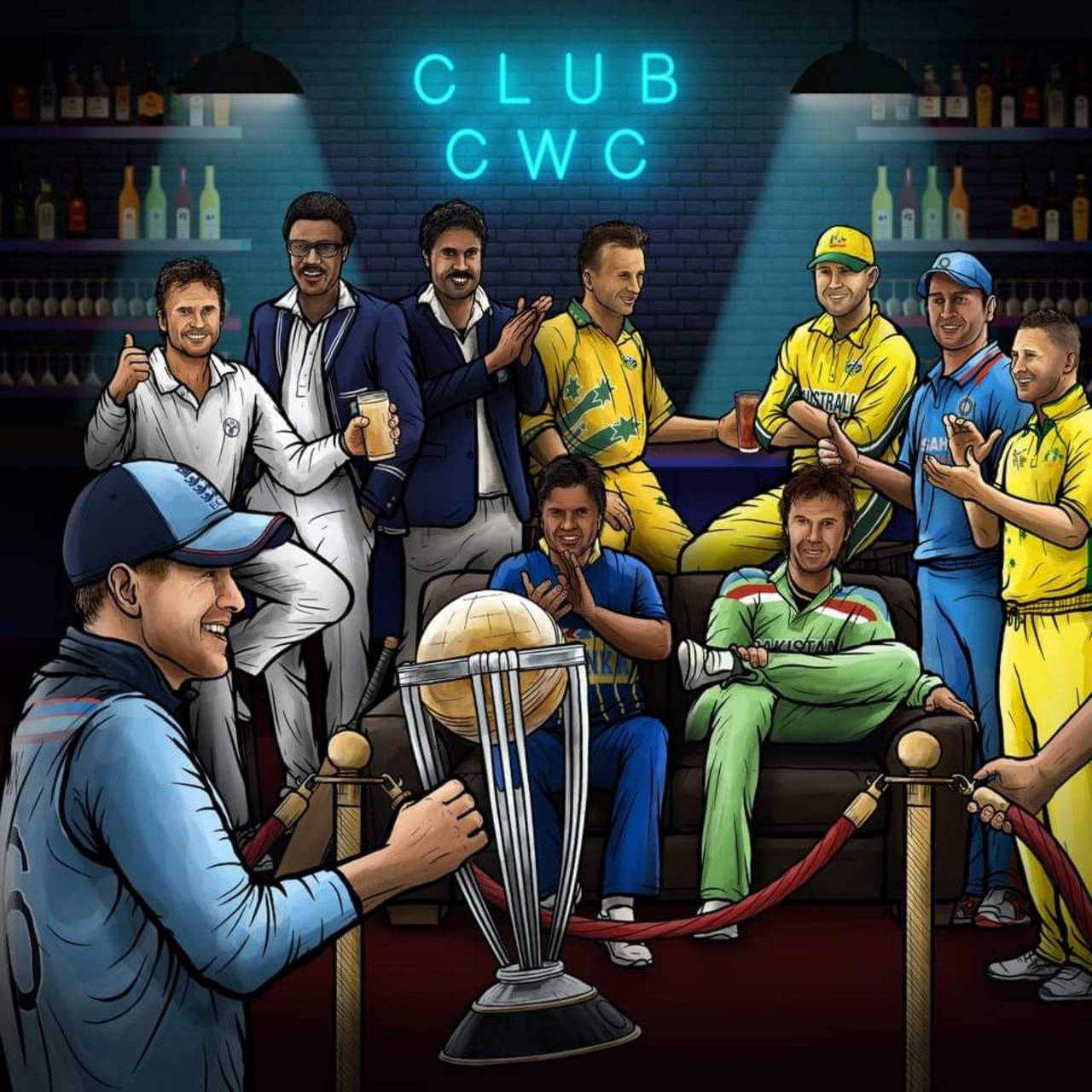 Sri Lanka Cricket 桌布 壁紙 — 身穿隊服的插圖板球運動員在霓虹燈酒吧內圍繞獎盃慶祝，酒吧有「CLUB CWC」標誌。