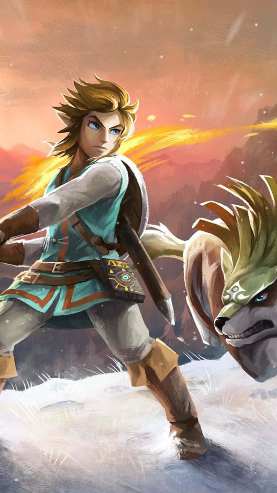 game 桌布 壁紙 — 身穿青綠色束腰外衣的Link與狼同伴在熾熱的夕陽天空下，穿越雪地地形。