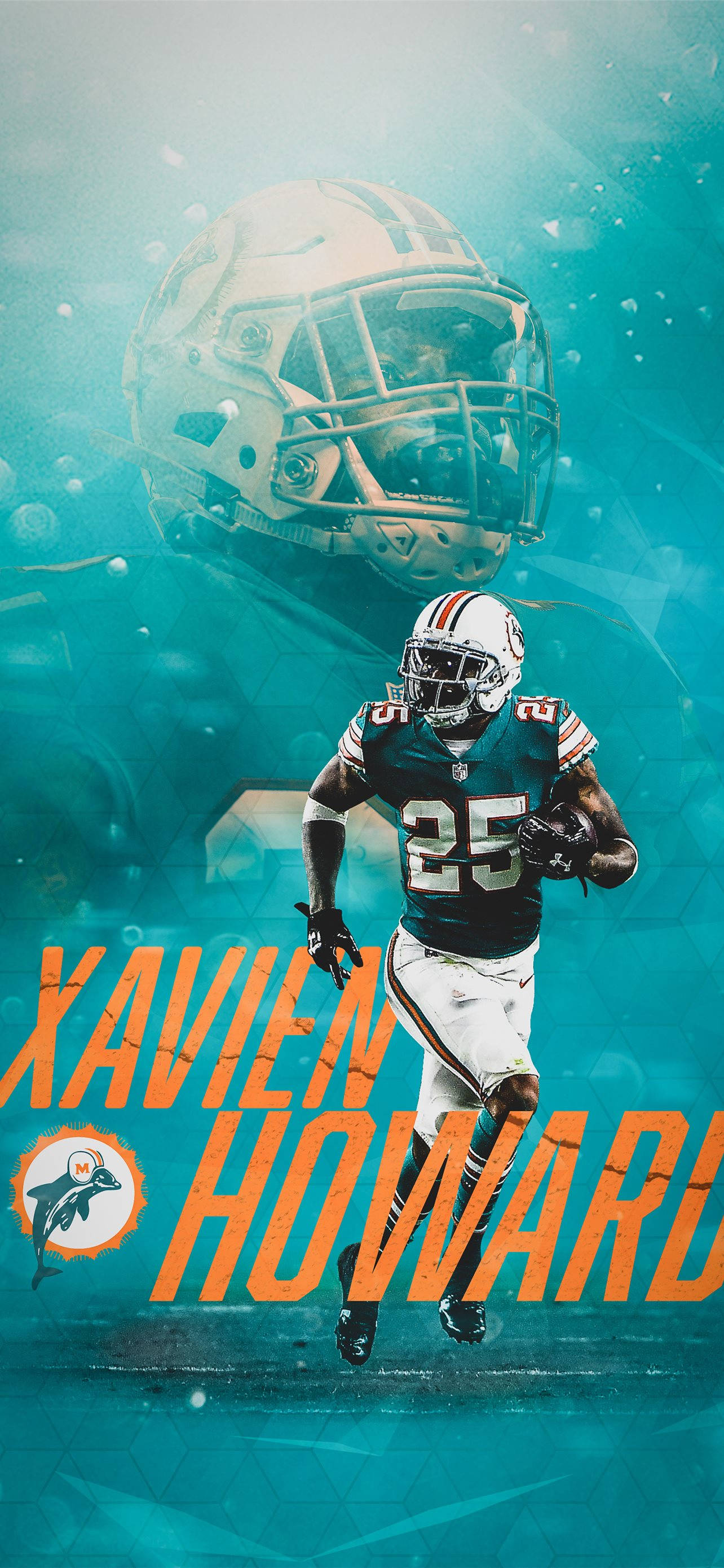 Miami Dolphins iPhone 桌布 壁紙 — 身穿青綠色球衣的足球運動員Xavien Howard在發光的藍色水下場景中奔跑，頭盔漂浮在上方。