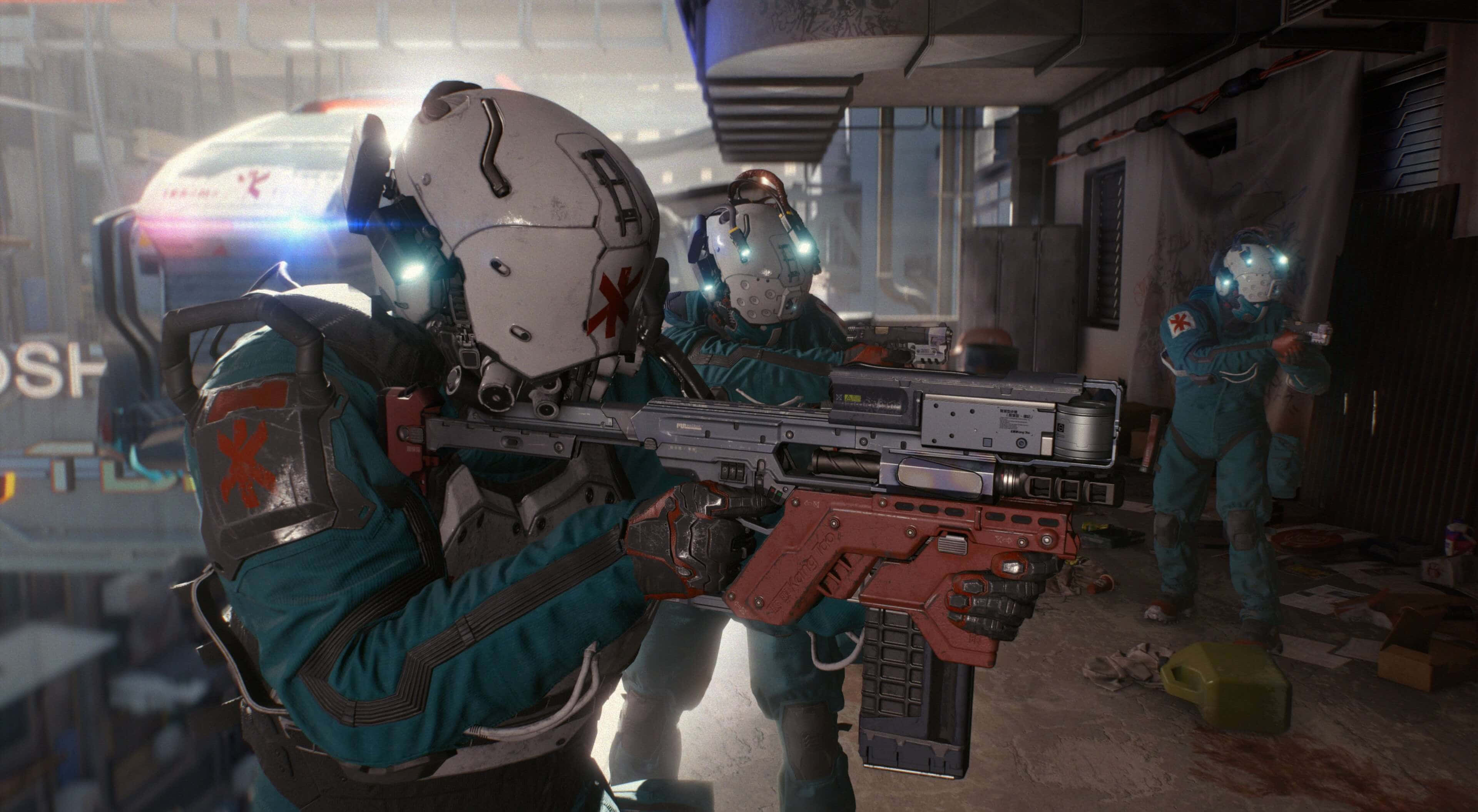 Sci Fi Games 桌布 壁紙 — 身穿青綠色防護服、戴著發光頭盔的士兵在骯髒的工業倉庫中瞄準未來武器。