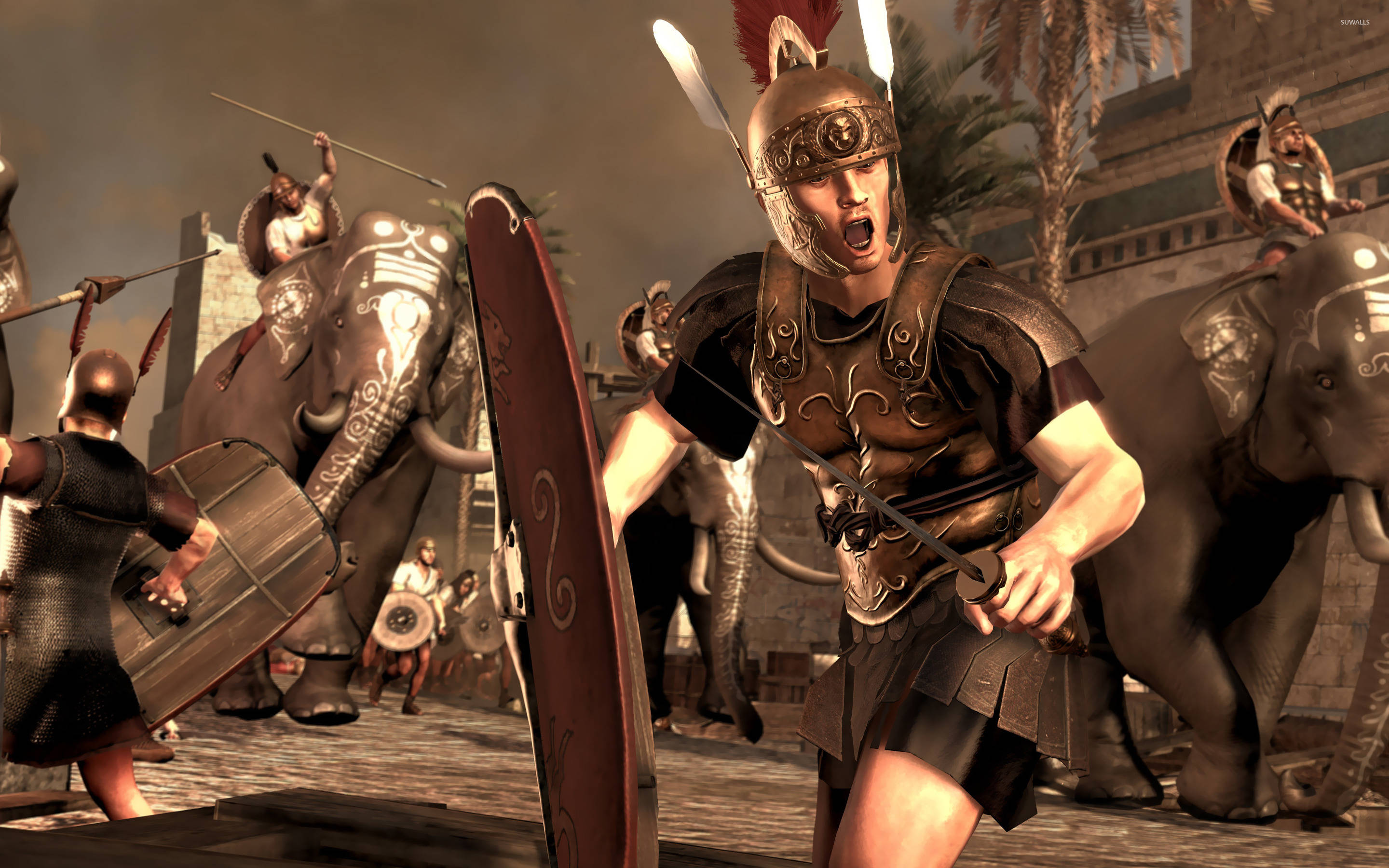 Rome 2 Total War 桌布 壁紙 — 身穿青銅盔甲的羅馬士兵手持長矛和盾牌衝鋒，戰象在古城街道上踐踏。