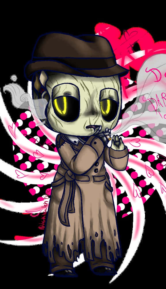 Nick Valentine 桌布 壁紙 — 身穿風衣戴著軟氈帽的Q版殭屍偵探，在混亂的粉紅與黑色愛心背景前抽煙。