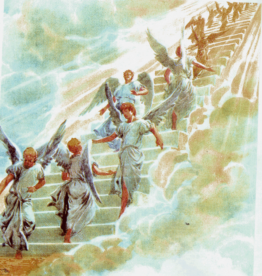angels 桌布 壁紙 — 身穿飄逸長袍的天使們，在神聖的天國場景中，穿過旋轉的雲層，登上發光的樓梯。