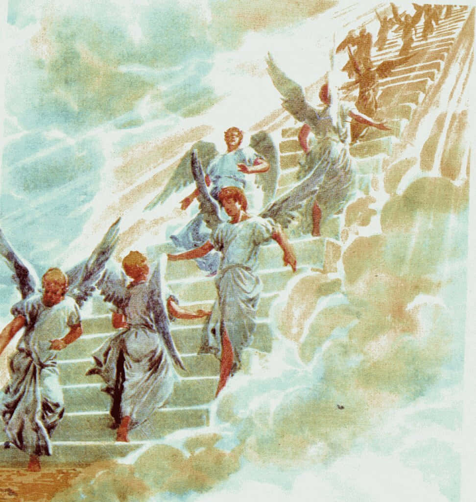Angels Of God 桌布 壁紙 — 身穿飄逸長袍的天使們，在神聖的天國場景中，穿過翻騰的雲霧，登上發光的階梯。