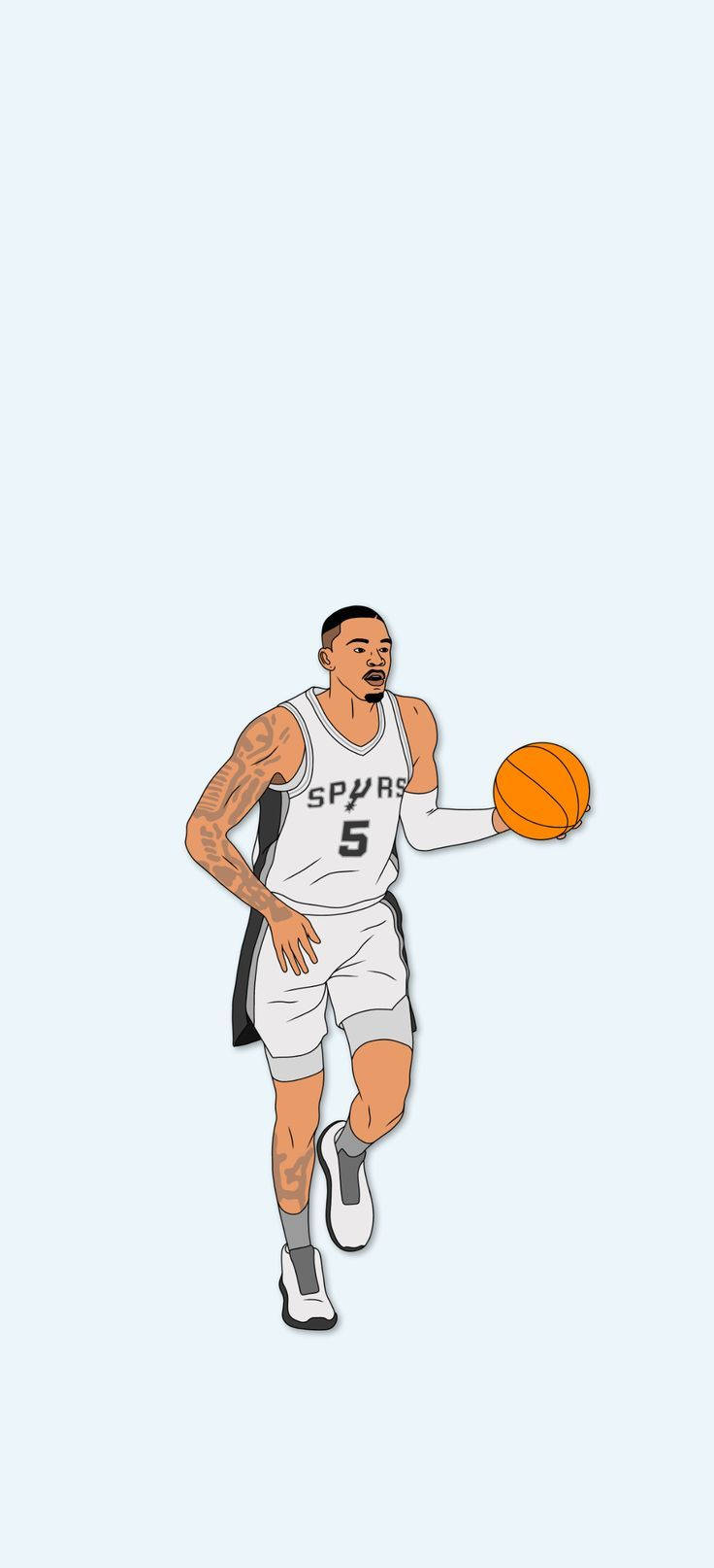 Dejounte Murray 桌布 壁紙 — 身穿馬刺隊球衣的籃球運動員在淺藍色背景前運球的插圖。