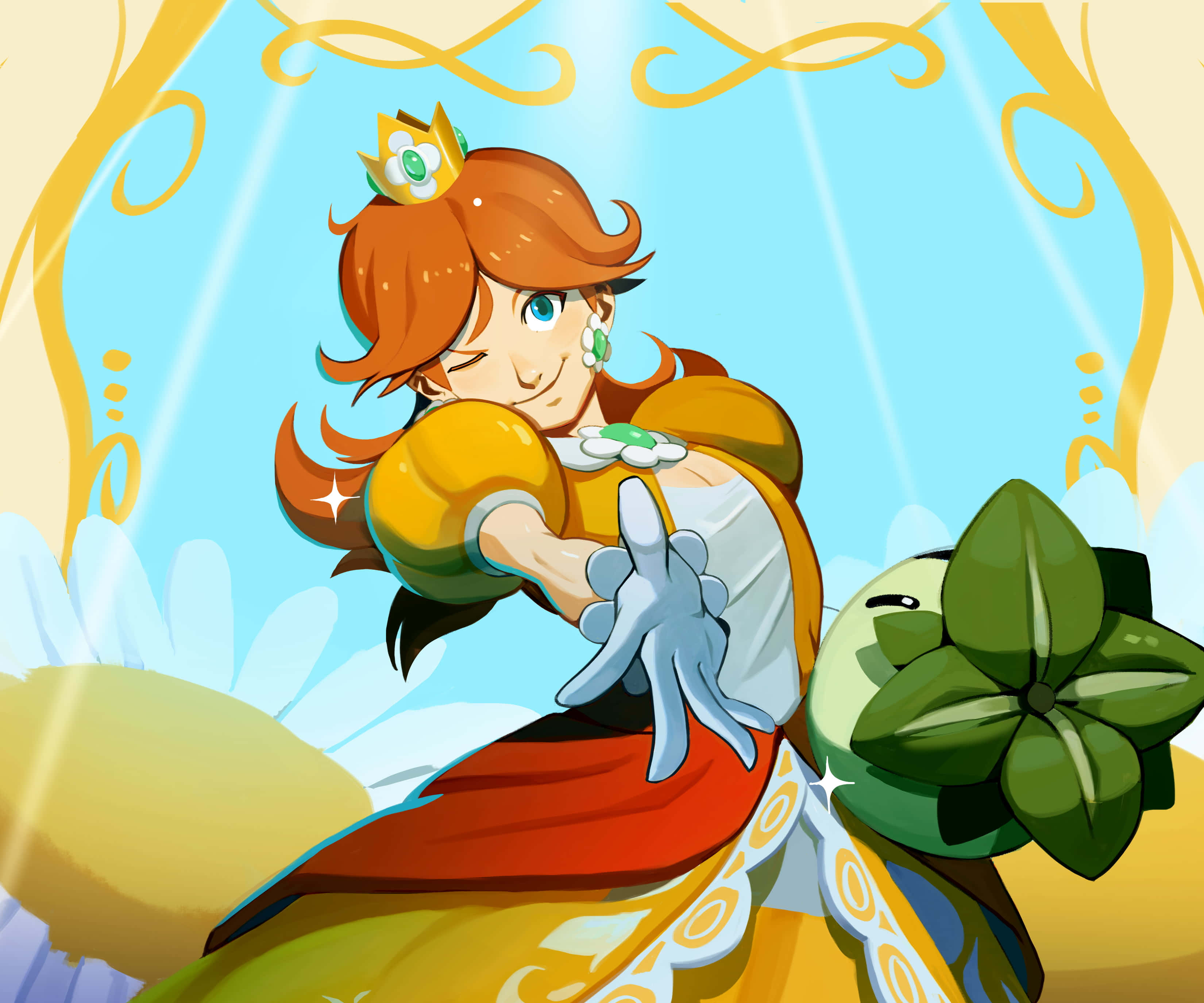 Princess Daisy 桌布 壁紙 — 身穿鮮豔黃色和紅色連衣裙的黛西公主，在金色漩渦的明亮藍天下，頑皮地眨眼，同時抱著一個綠色的葉狀生物。