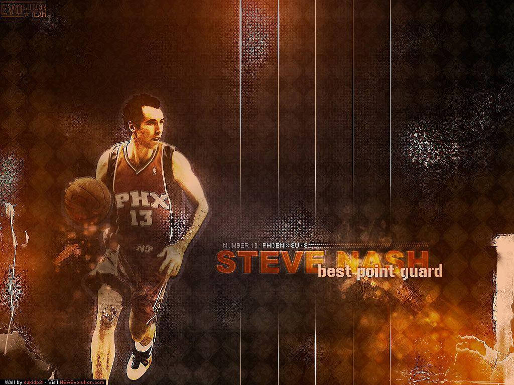 NBA 桌布 壁紙 — 身穿鳳凰城太陽隊球衣的史蒂夫·納許在帶有紋理的熾熱橙色和深色背景下運球。