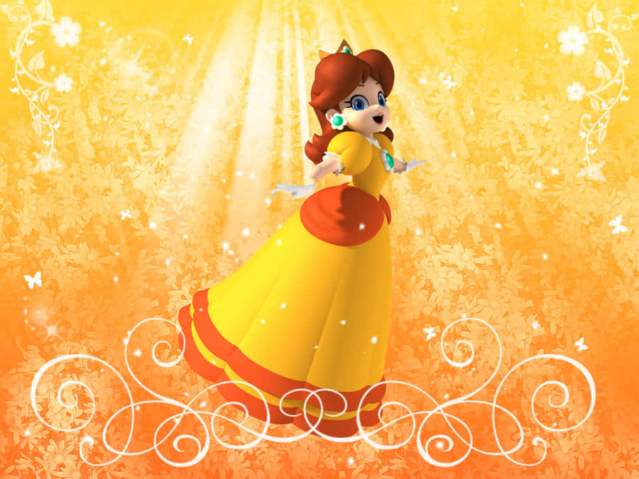 Princess Daisy 桌布 壁紙 — 身穿黃紅相間禮服的黛西公主，在金色花卉背景、陽光和旋轉白色藤蔓的映襯下光彩照人。
