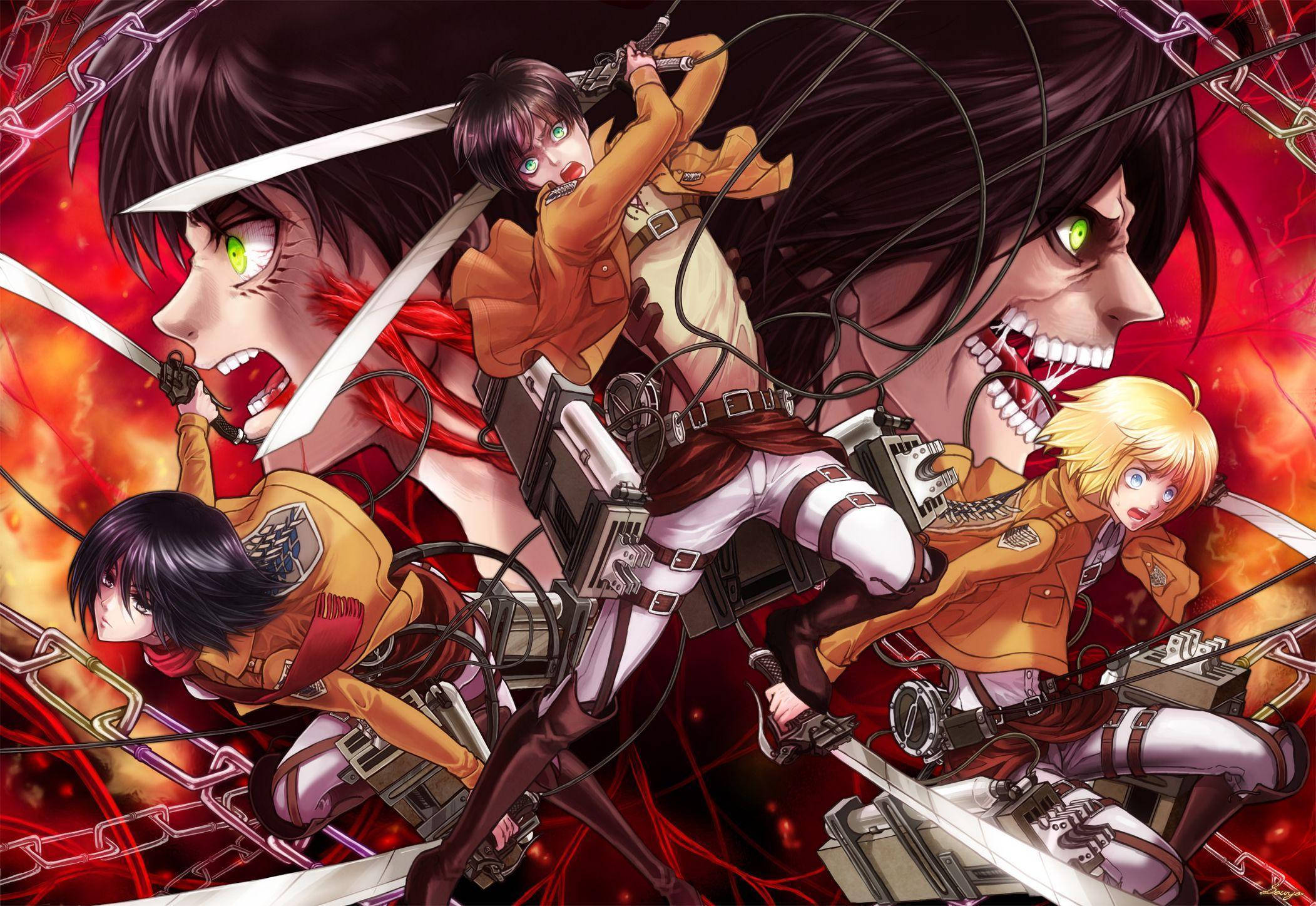 Top Anime 桌布 壁紙 — 身穿黃色制服的動漫戰士在熾熱的紅色鎖鏈和爆炸性能量中與巨型巨人交戰。