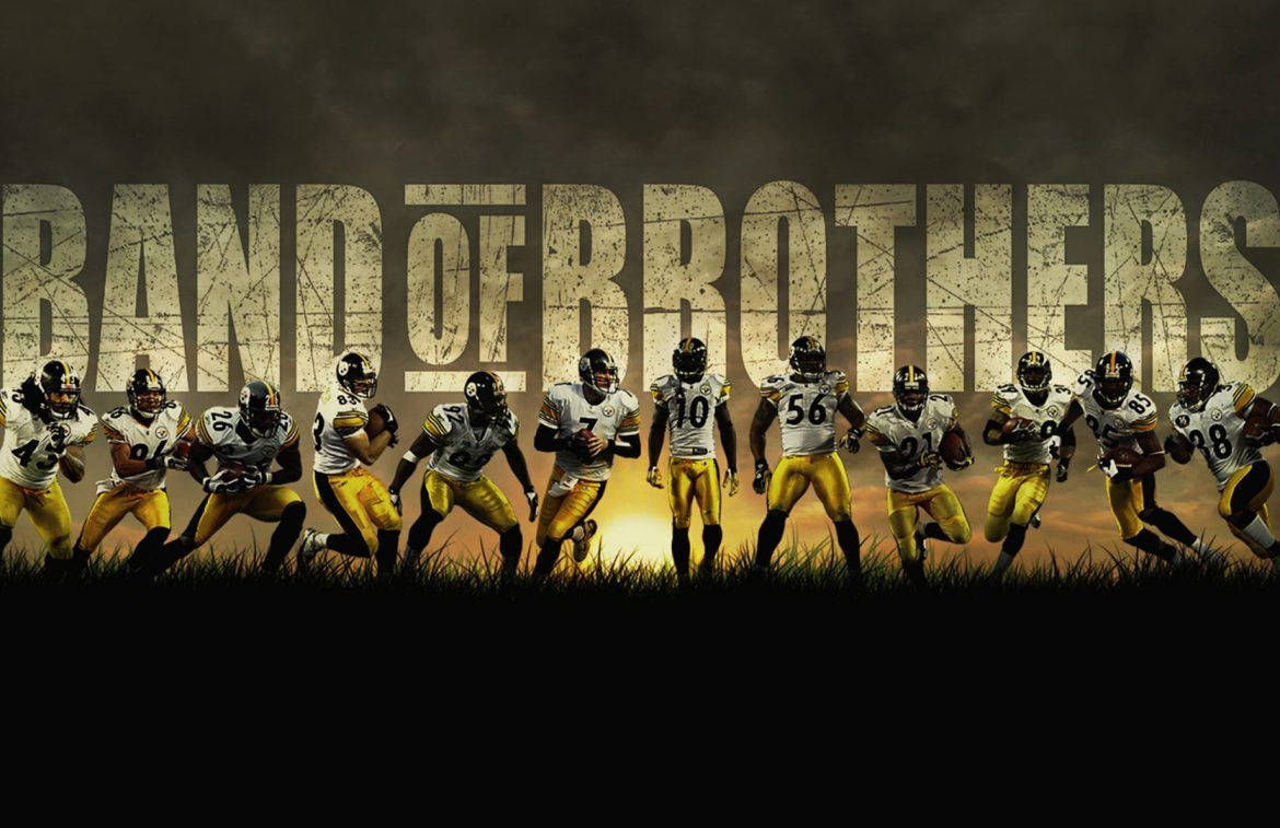 足球隊在日落光線下奔跑，帶有「Band of Brothers」文字。 — 鋼人隊 GIF 壁紙