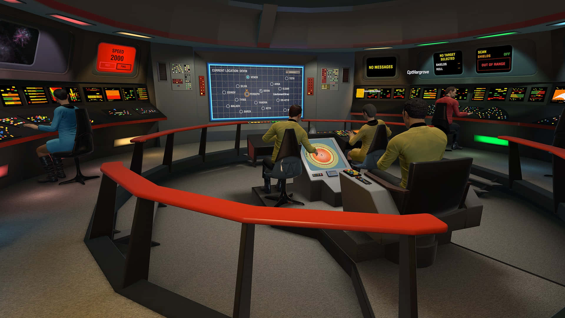 Star Trek Enterprise Bridge 桌布 壁紙 — 身穿黃色和藍色制服的星際艦隊軍官在一個帶有紅色欄杆和全息顯示屏的未來主義太空船艦橋上，在發光的控制台上工作。