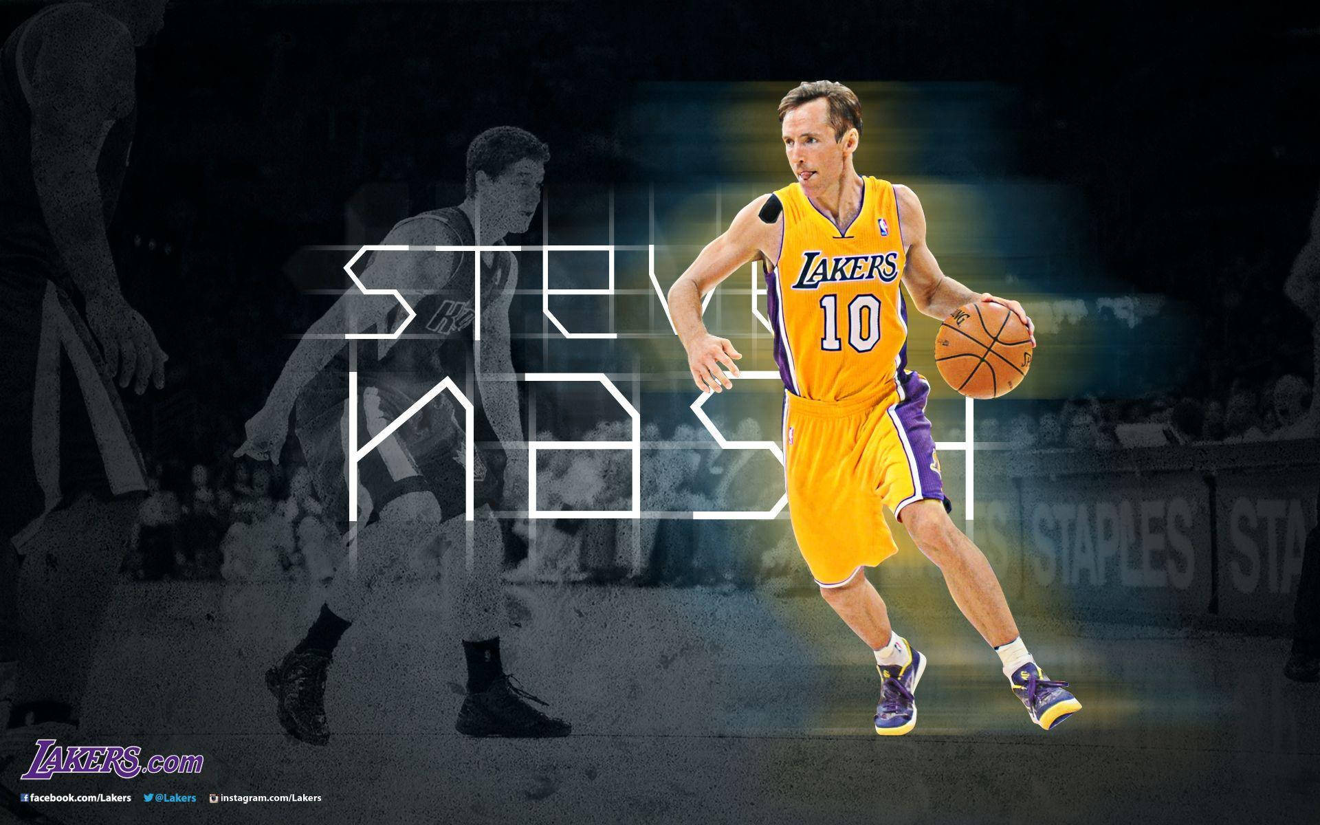湖人 桌布 壁紙 — 身穿黃色湖人球衣的Steve Nash運球，背後有發光效果和風格化文字。